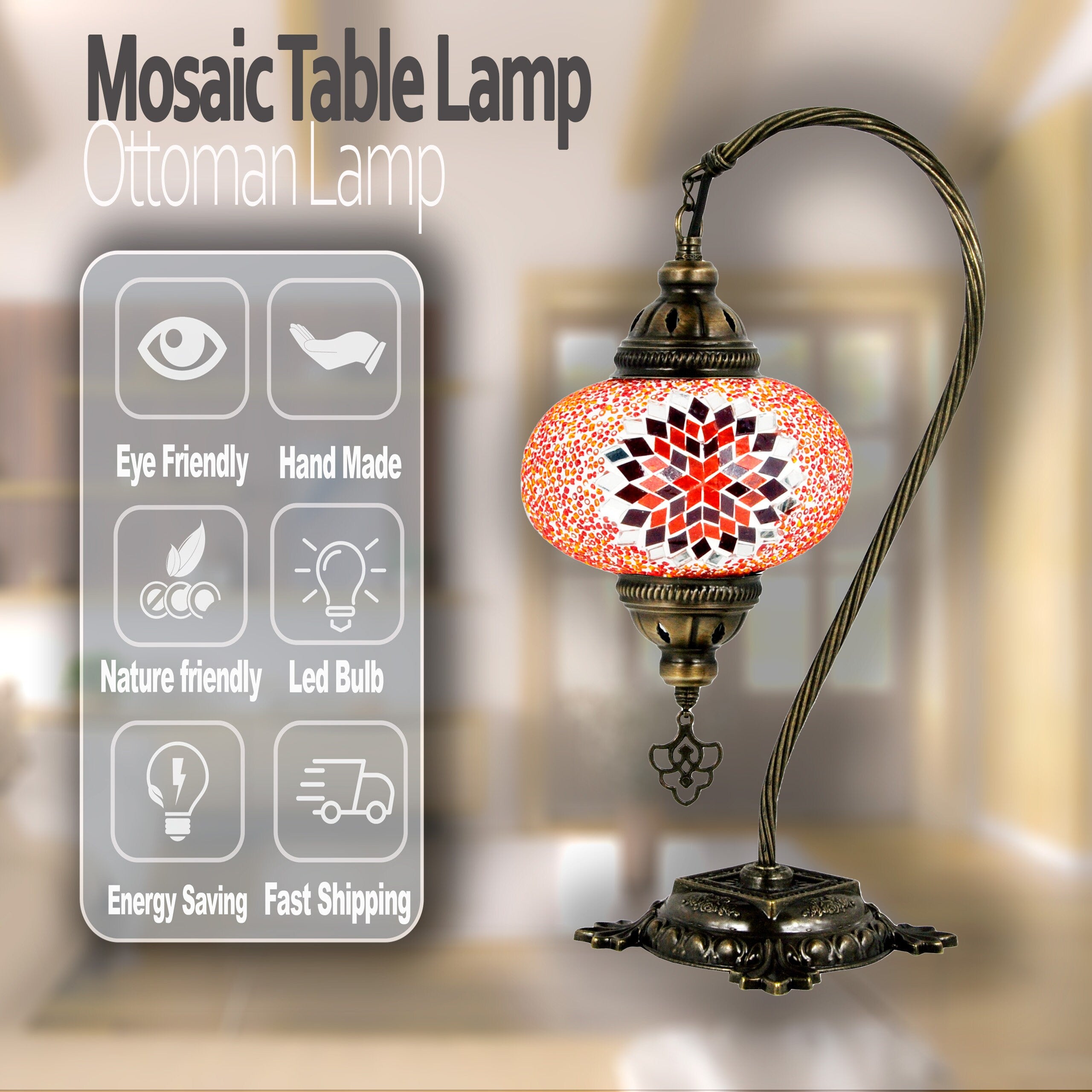MoslandHome Handmade Turkish Mosaic Swan Neck Table Lamp