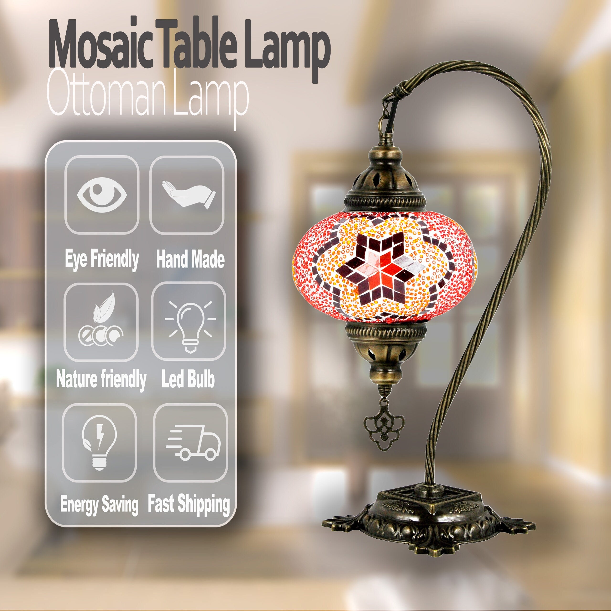 MoslandHome Handmade Turkish Mosaic Lamp Swan Neck Bedside Table Lamp