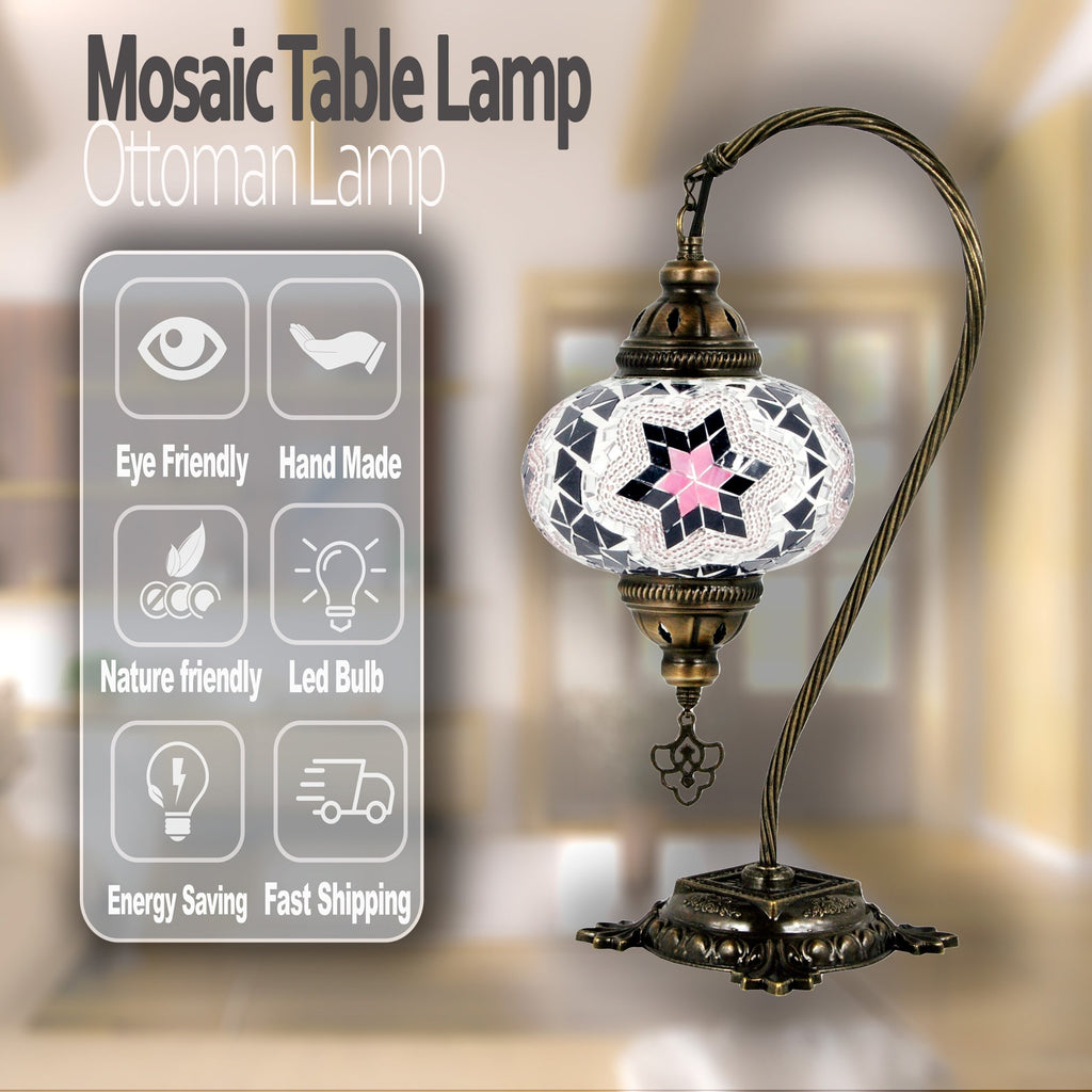 MoslandHome Handmade Turkish Mosaic Swan Neck Table Lamp Mosaic Glass 6.5in