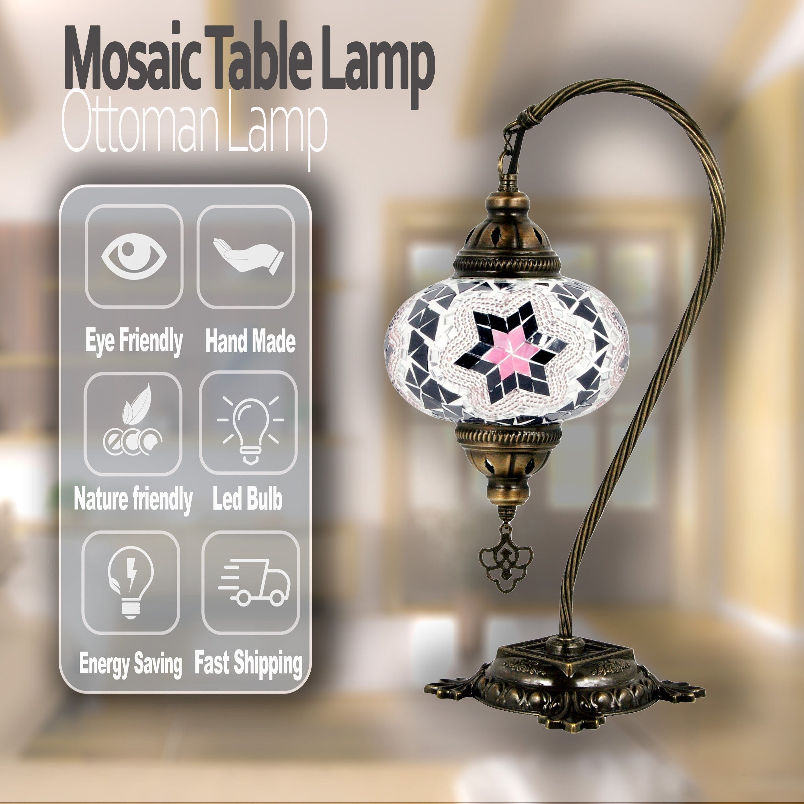 MoslandHome Handmade Turkish Mosaic Swan Neck Table Lamp Mosaic Glass 6.5in