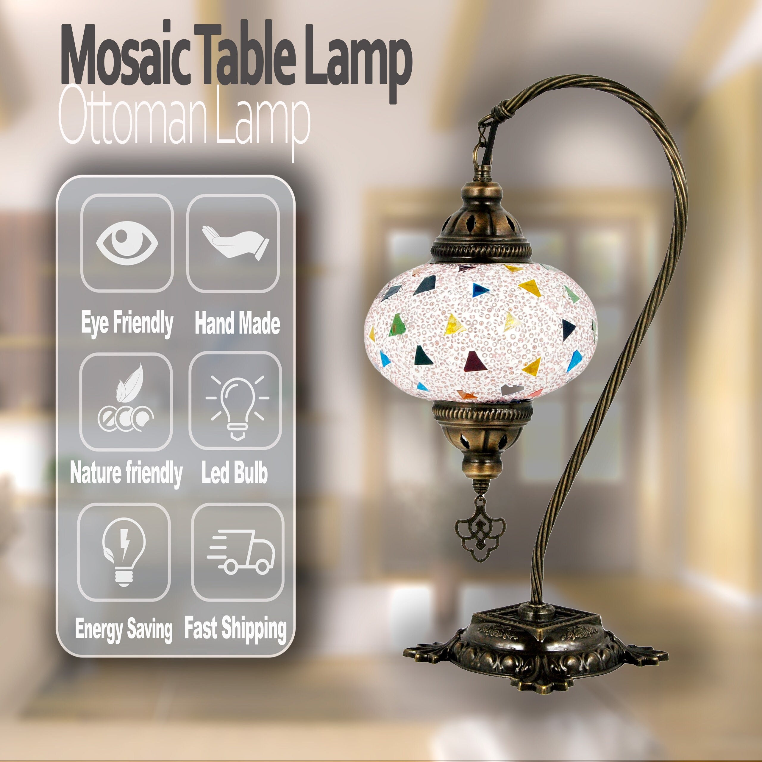 MoslandHome Turkish Mosaic Table Lamp Swan Neck 17cm