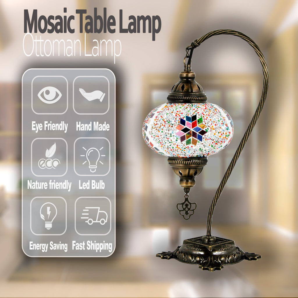 MoslandHome Handmade Turkish Mosaic Swan Neck Table Lamp 16.5in