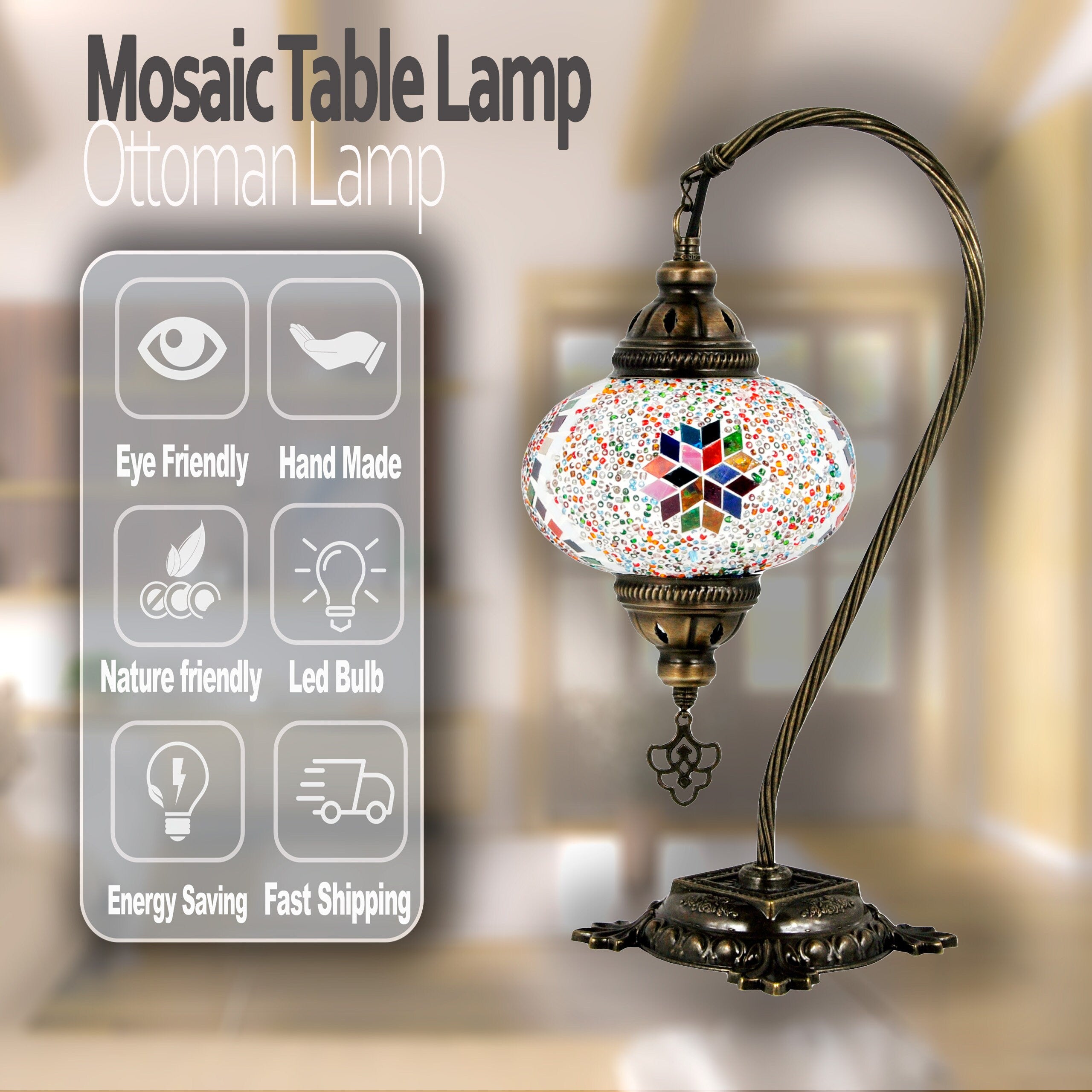 MoslandHome Handmade Turkish Mosaic Swan Neck Table Lamp 16.5in