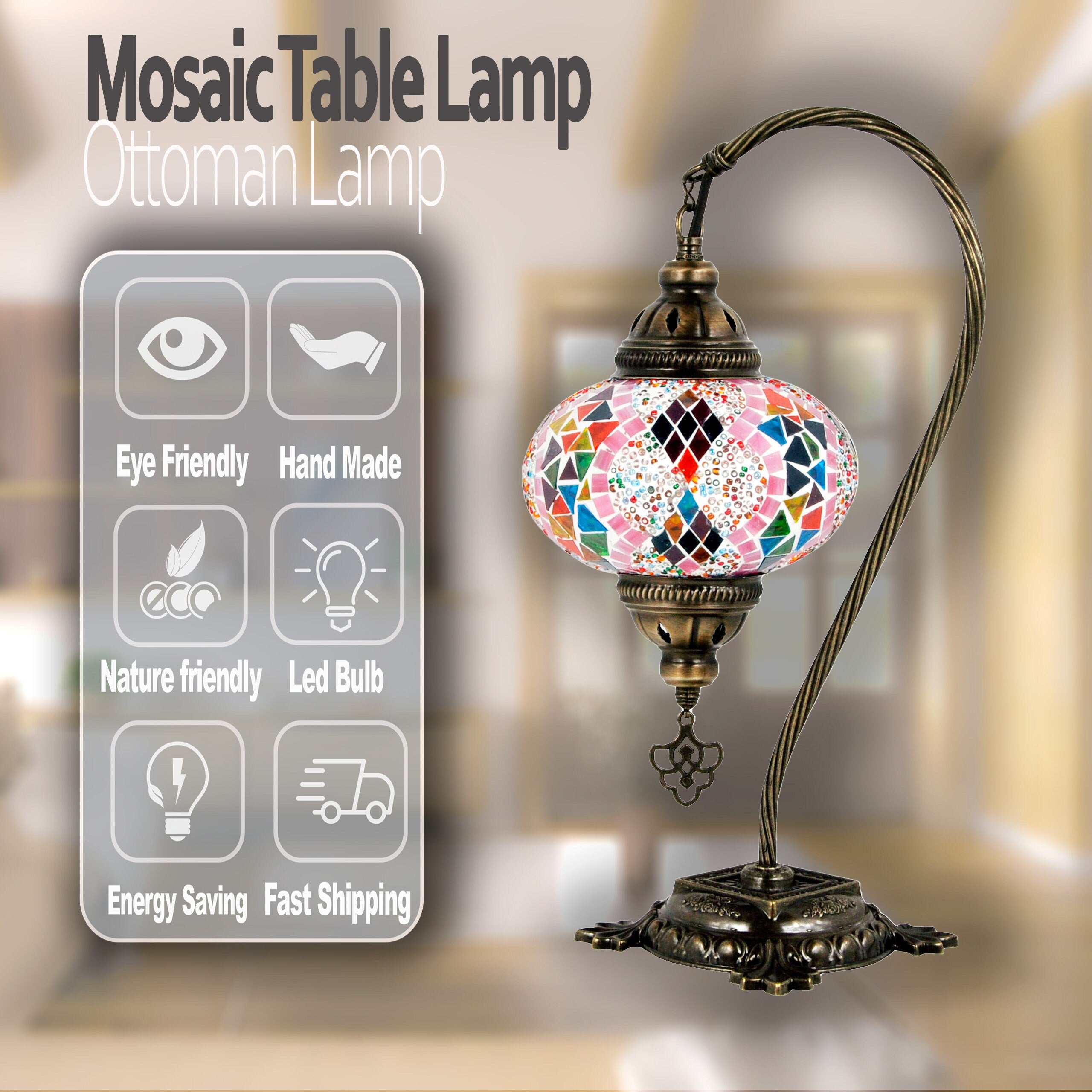 MoslandHome Handmade Turkish Mosaic Swan Neck Table Lamp