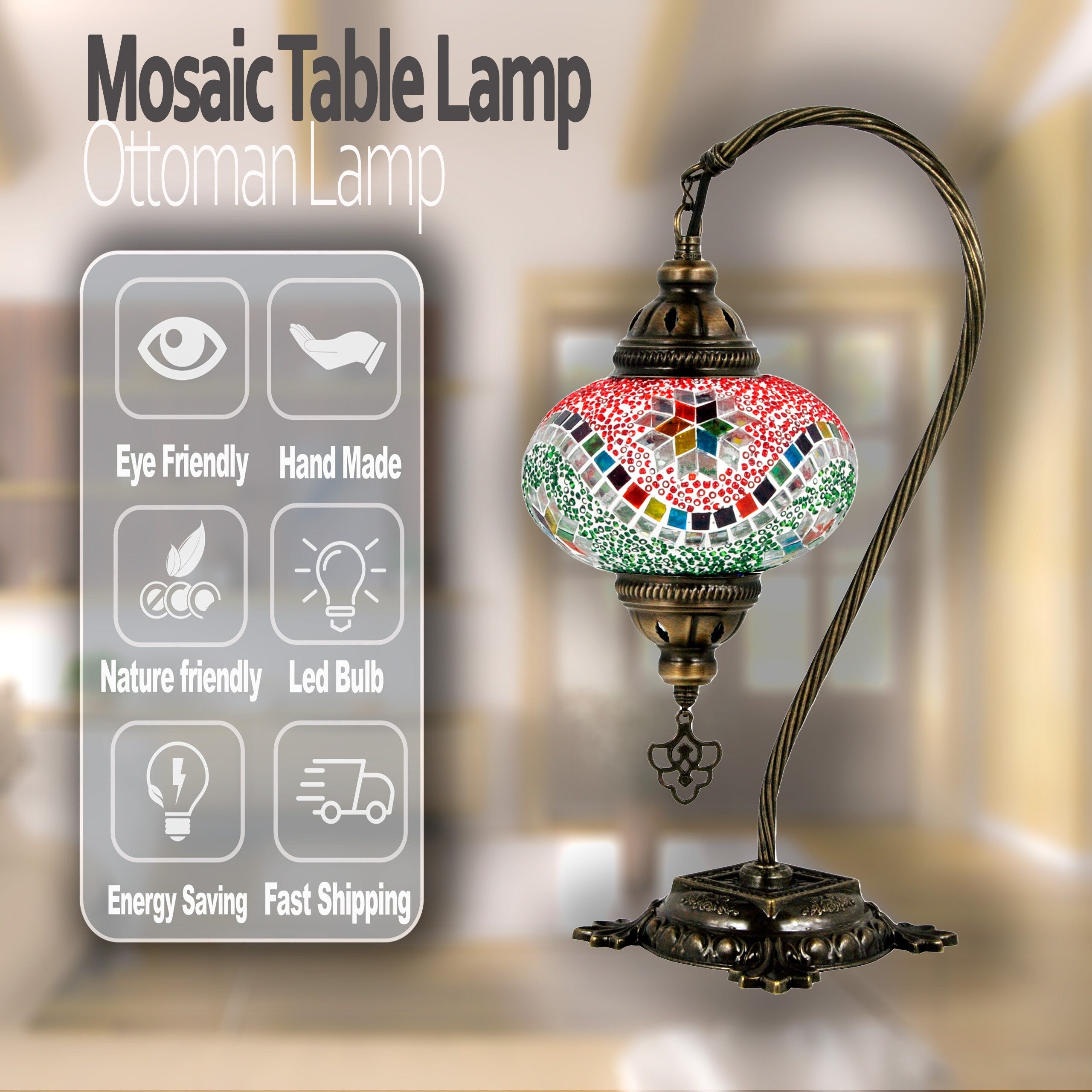 MoslandHome Handmade Turkish Mosaic Lamp Swan Neck Bedside Mosaic Glass Table Lamp