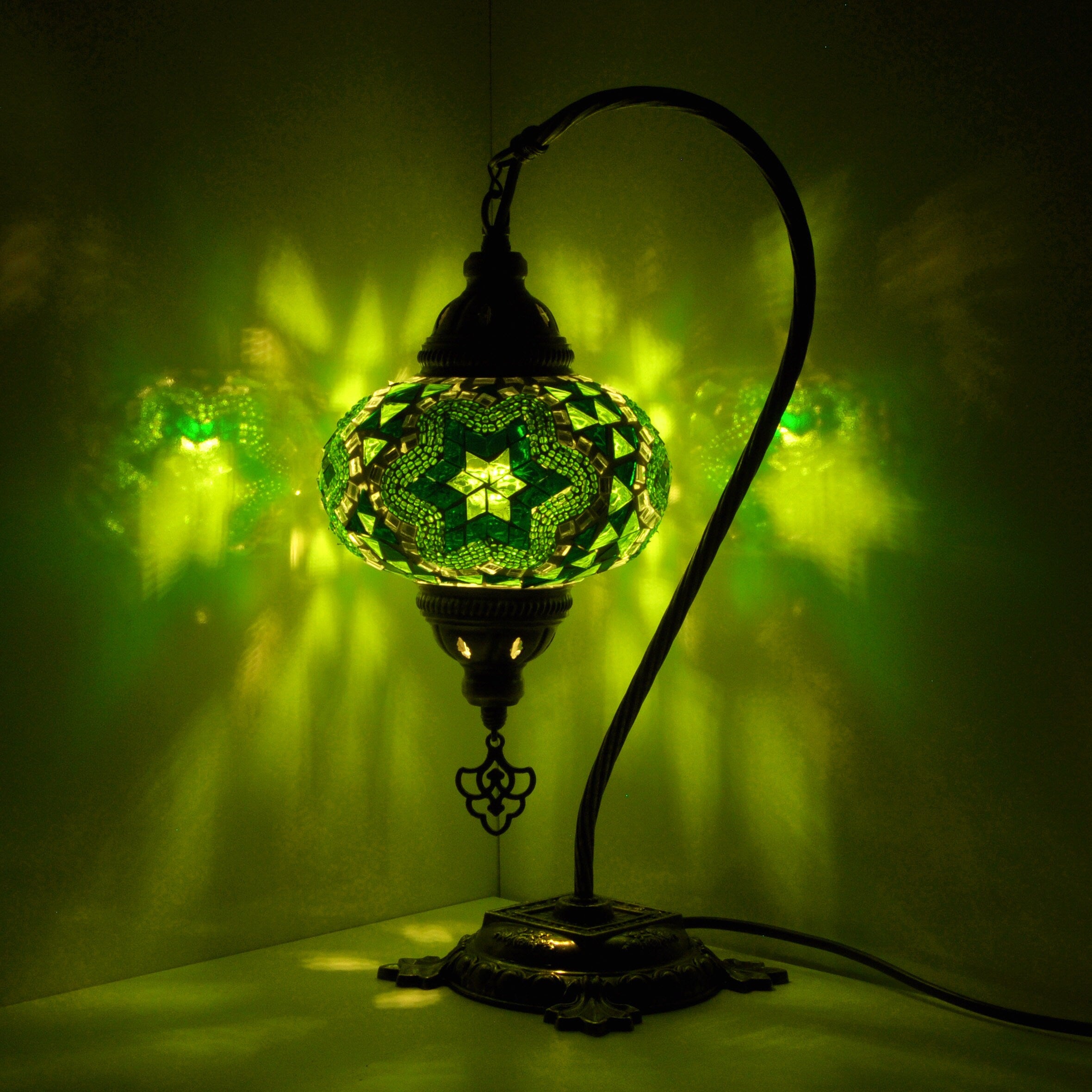 MoslandHome Handcrafted Turkish Mosaic Glass Swan Neck Table Lamp with LED Bulb
