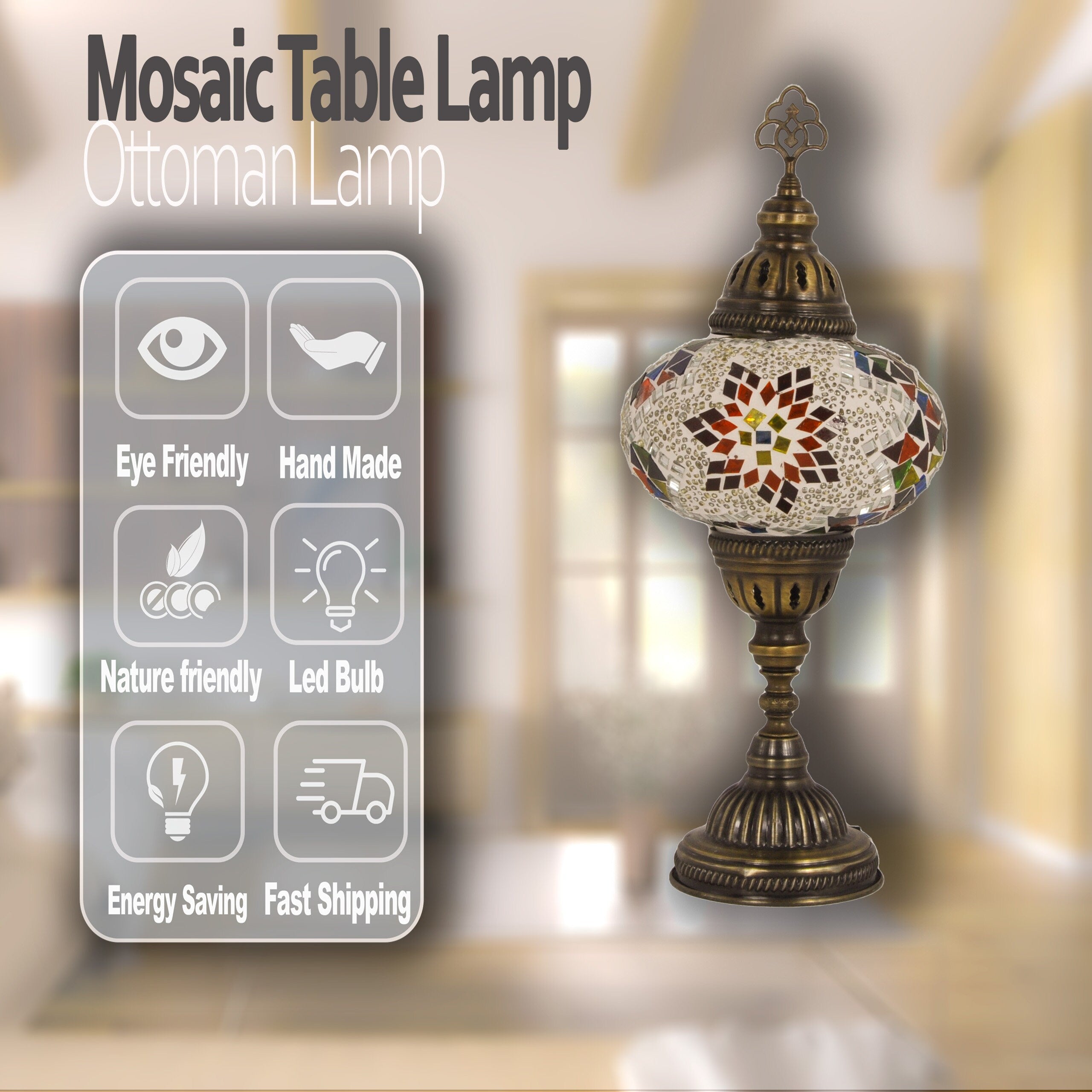 MoslandHome Handmade Turkish Mosaic Lamp: Bohemian Glass Table Lamp 6.5in