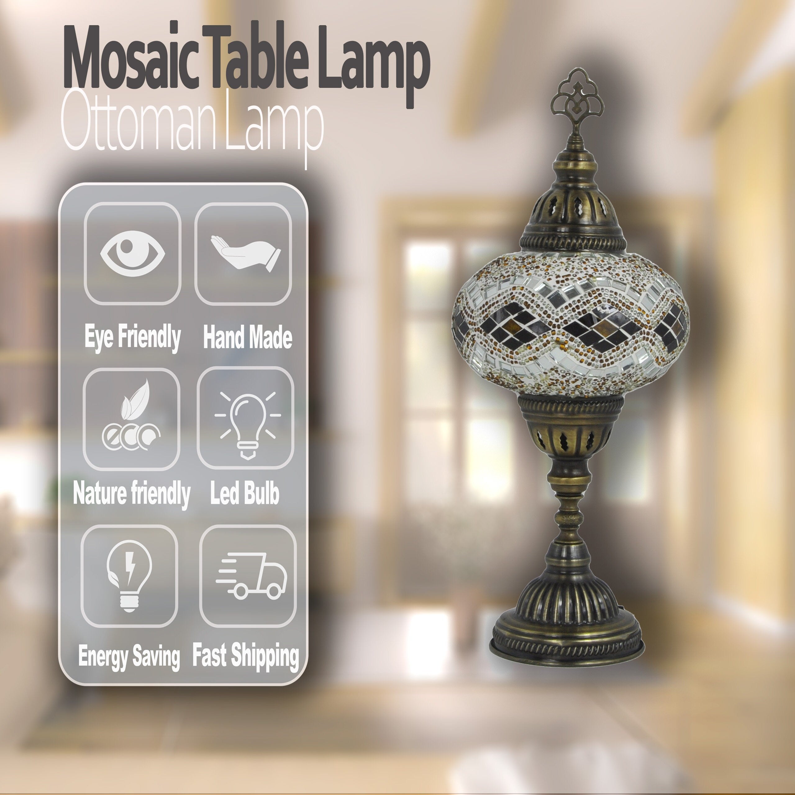 MoslandHome Handmade Turkish Mosaic Table Lamp Bohemian 6.5in