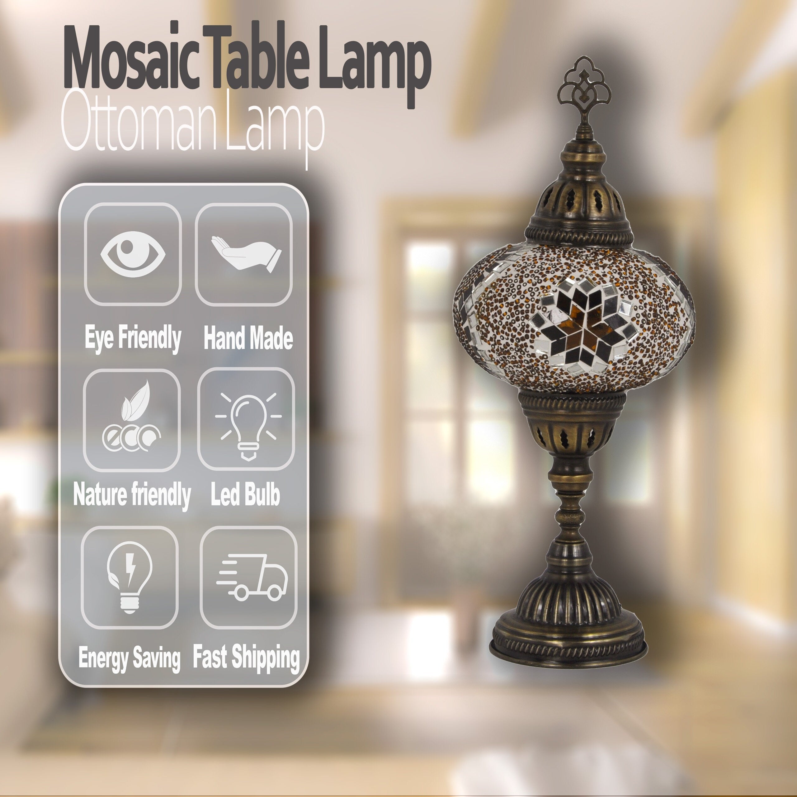 MoslandHome Handmade Turkish Mosaic Table Lamp 6.5in Brass