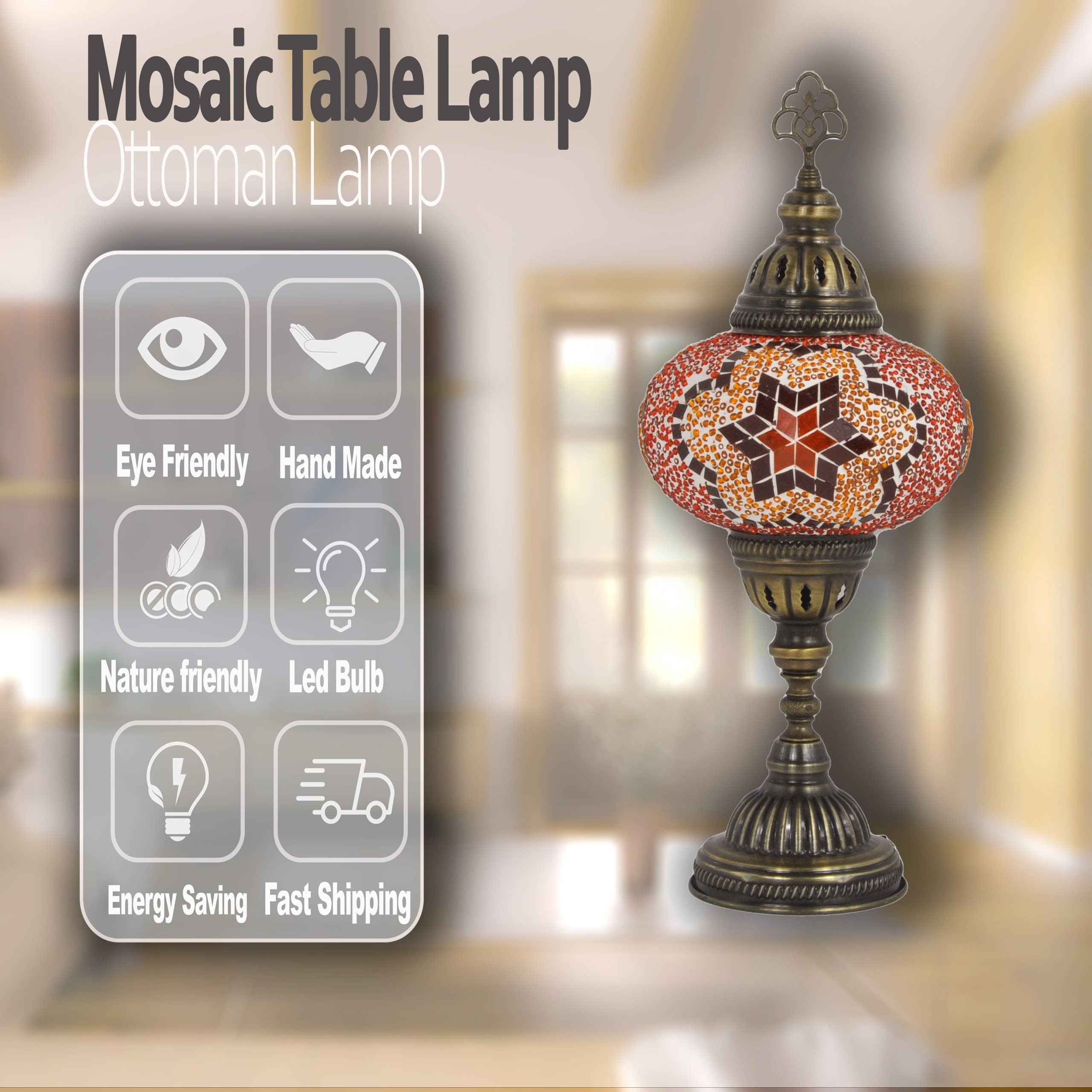 MoslandHome Handmade Turkish Mosaic Table Lamp 6.5in Globe