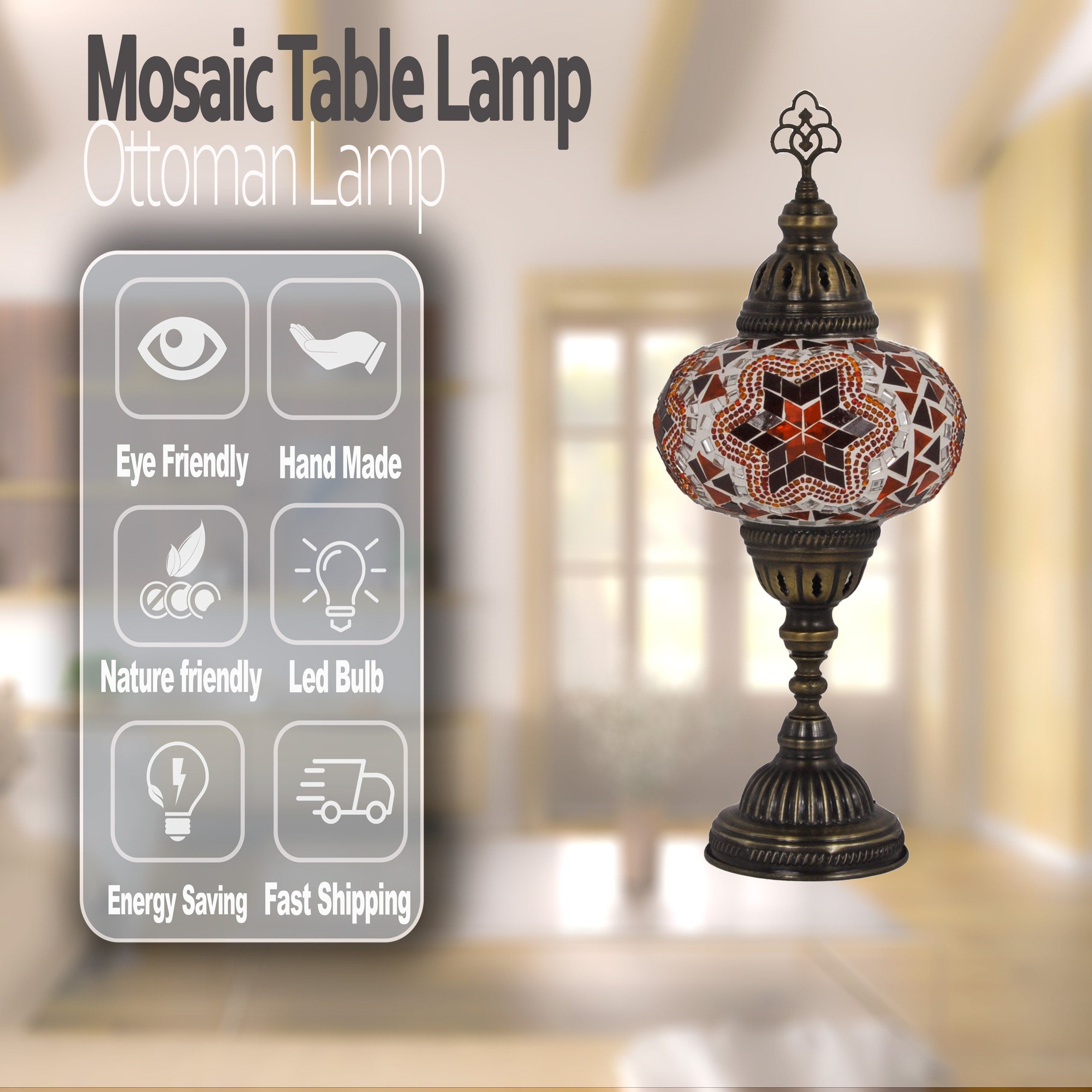 MoslandHome Handmade Turkish Mosaic Bedside Table Lamp 6.5in