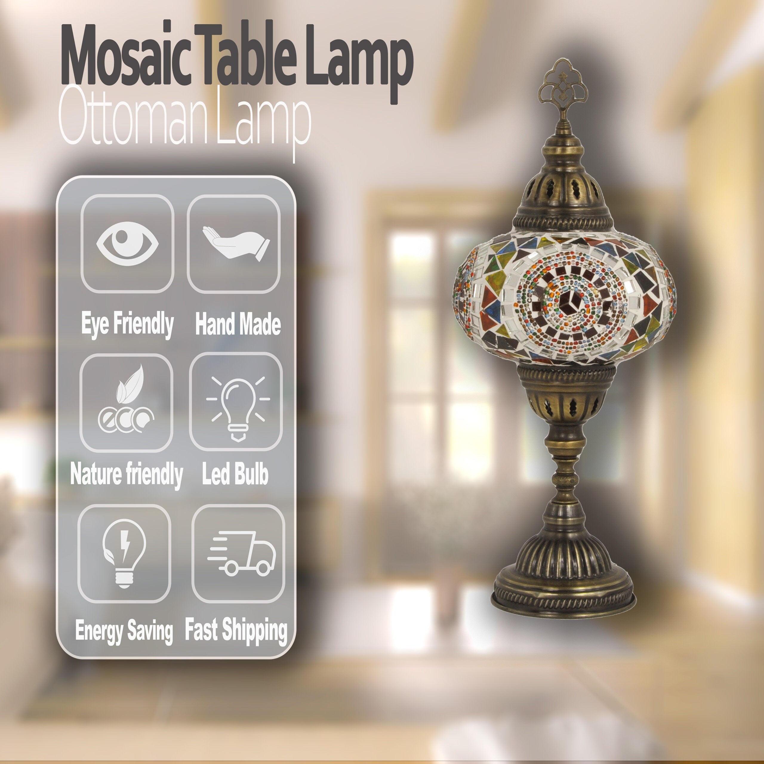 MoslandHome Handmade Turkish Mosaic Lamp: Bohemian Bedside Night Light 6.5in Globe