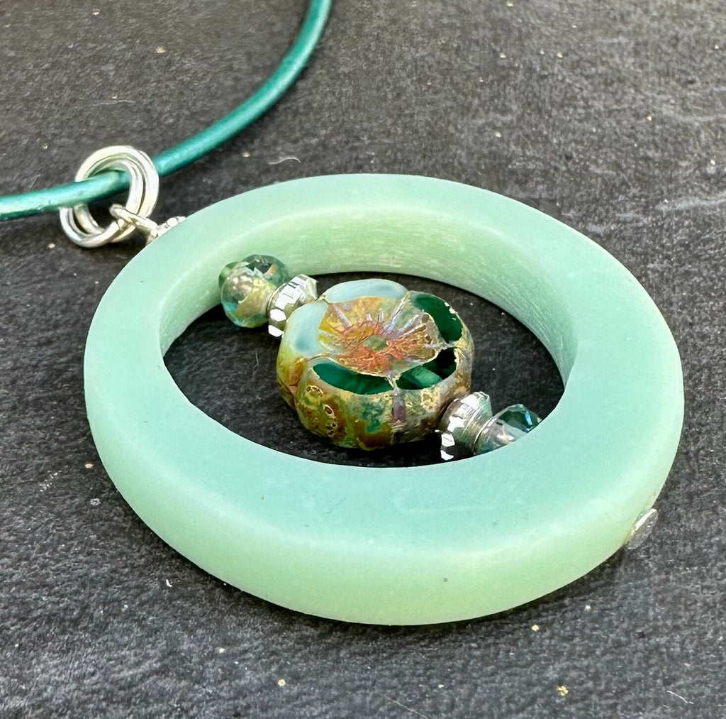 MossberryandStone Robin's Egg Blue Pendant Necklace Czech Glass Hibiscus