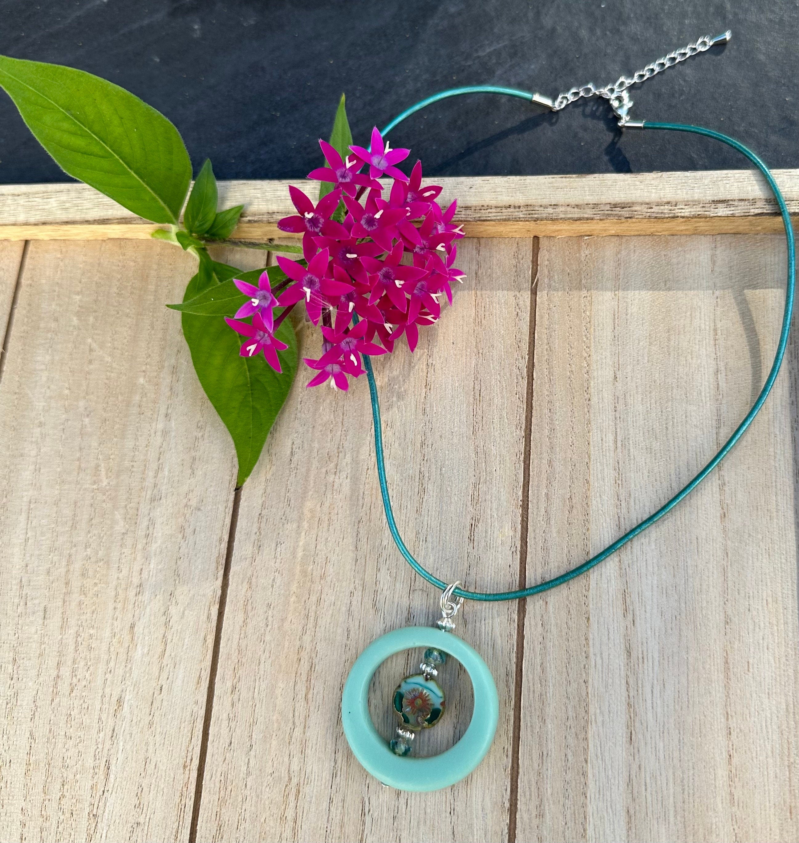 MossberryandStone Robin's Egg Blue Pendant Necklace Czech Glass Hibiscus