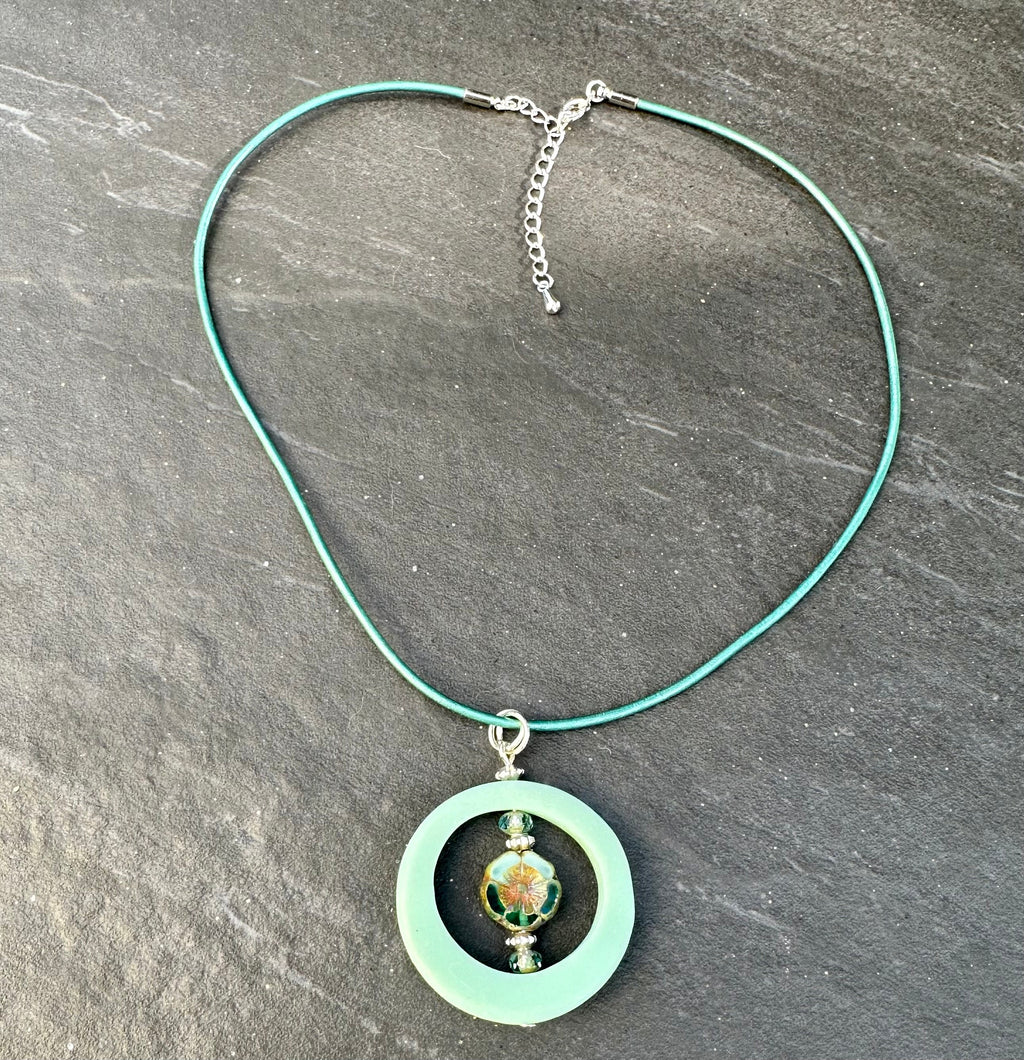 MossberryandStone Robin's Egg Blue Pendant Necklace Czech Glass Hibiscus