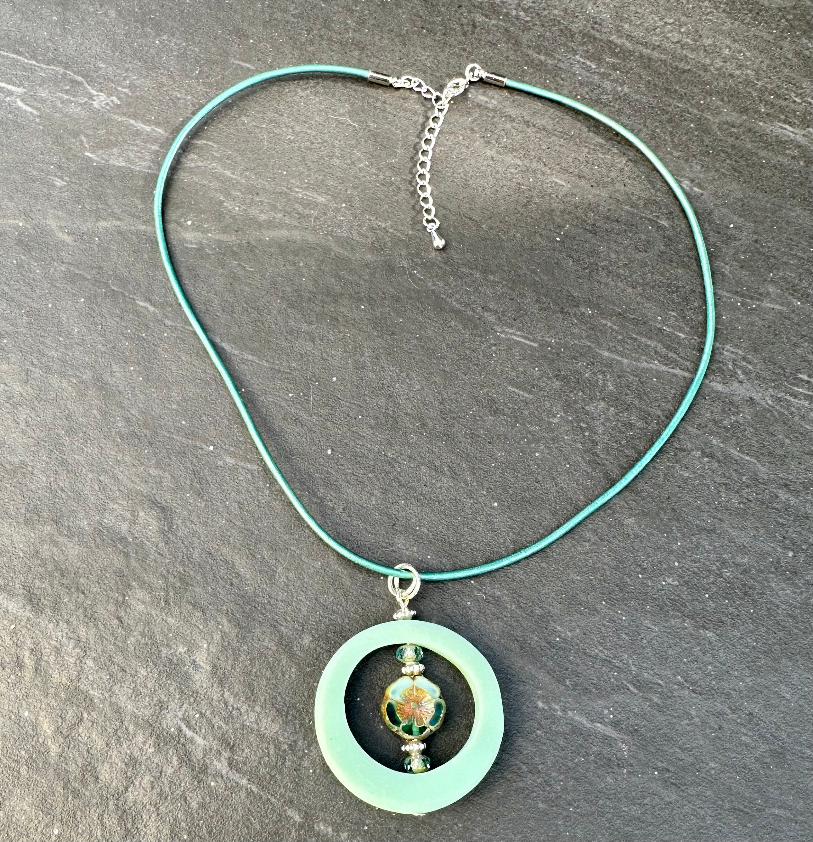 MossberryandStone Robin's Egg Blue Pendant Necklace Czech Glass Hibiscus