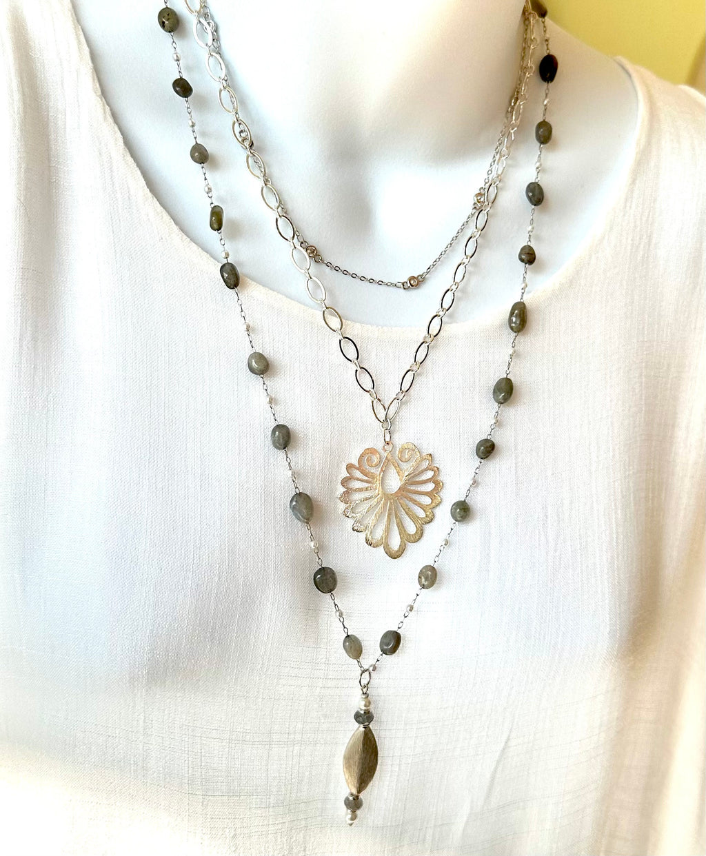 MossberryandStone Labradorite and White Glass Pearl Pendant Necklace 24in Silver