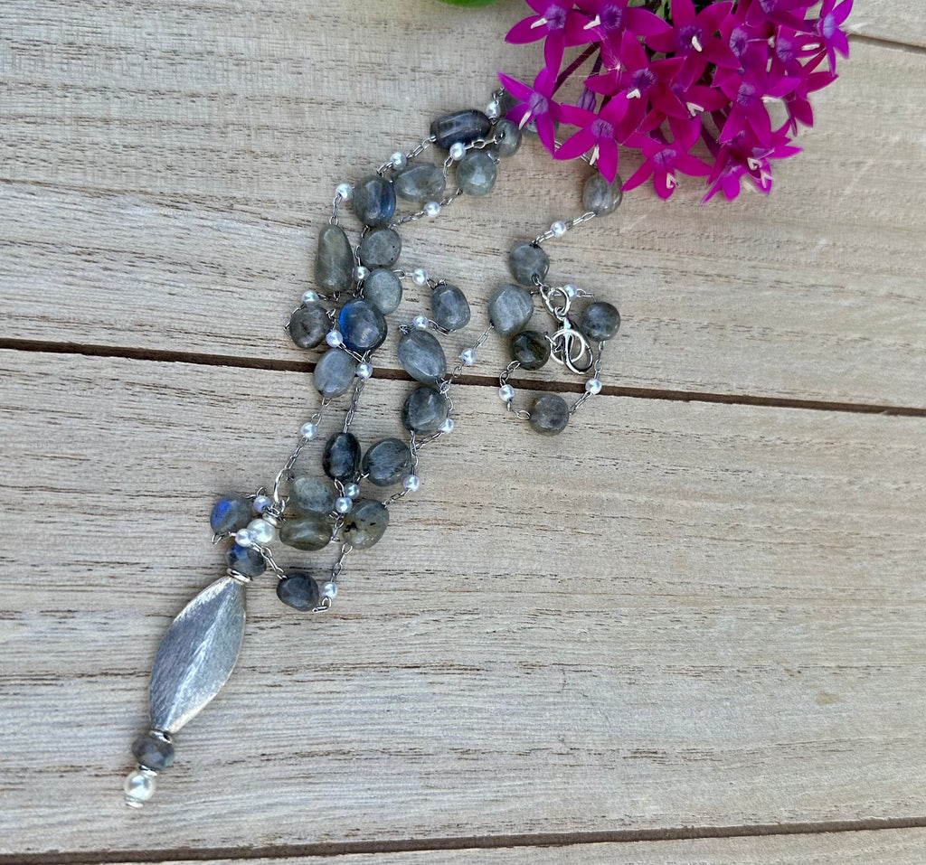 MossberryandStone Labradorite and White Glass Pearl Pendant Necklace 24in Silver