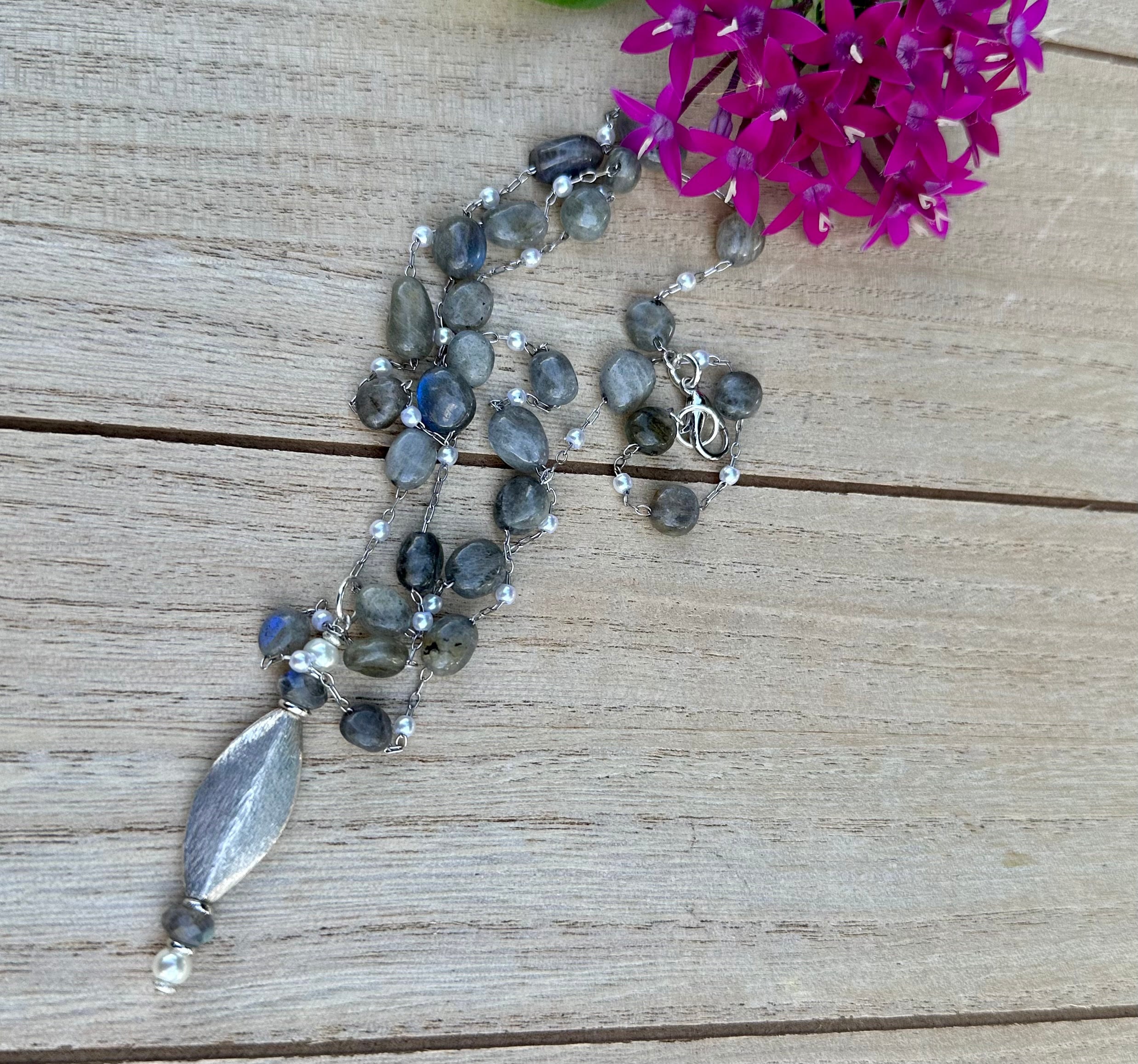 MossberryandStone Labradorite and White Glass Pearl Pendant Necklace 24in Silver