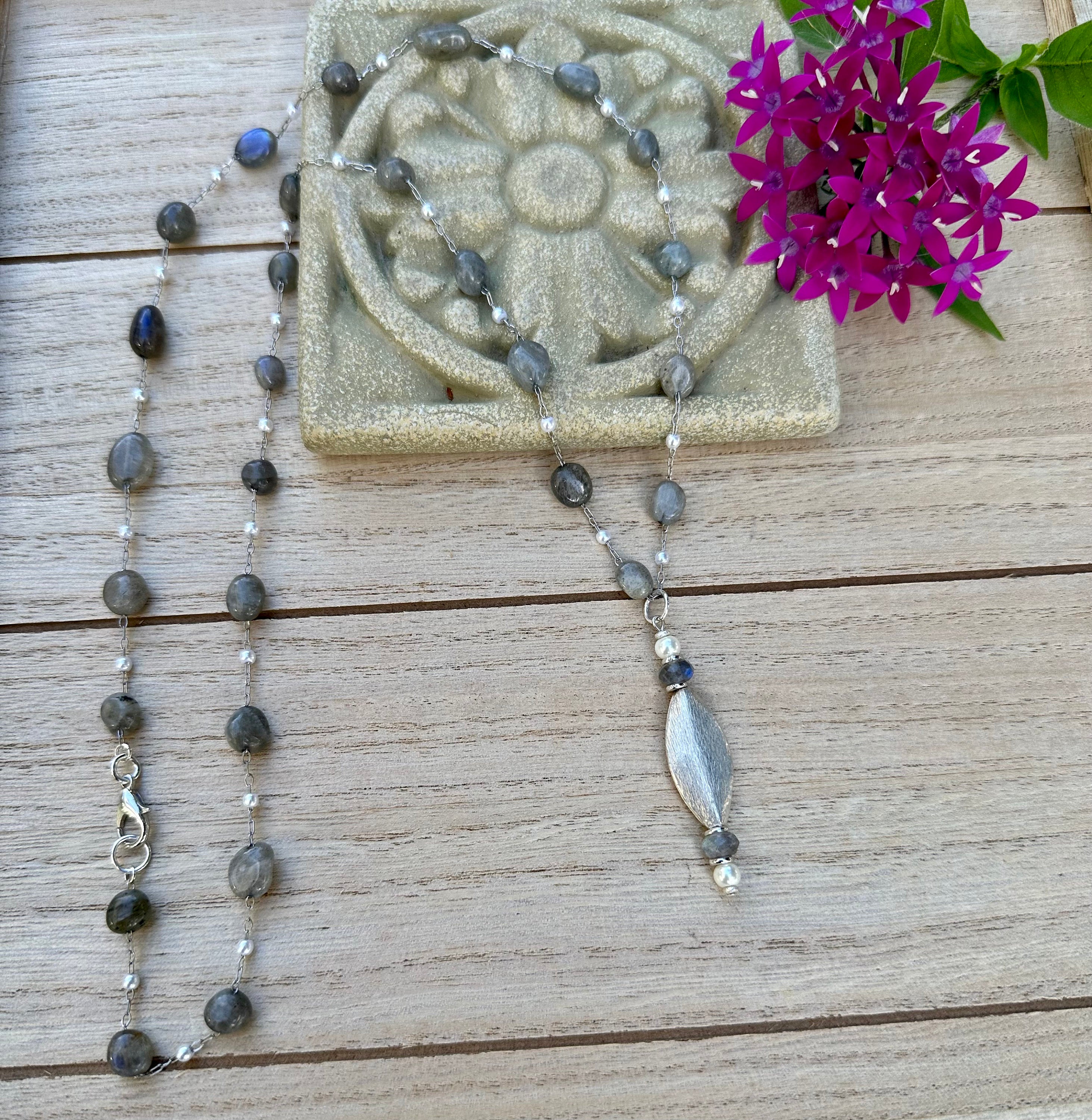 MossberryandStone Labradorite and White Glass Pearl Pendant Necklace 24in Silver