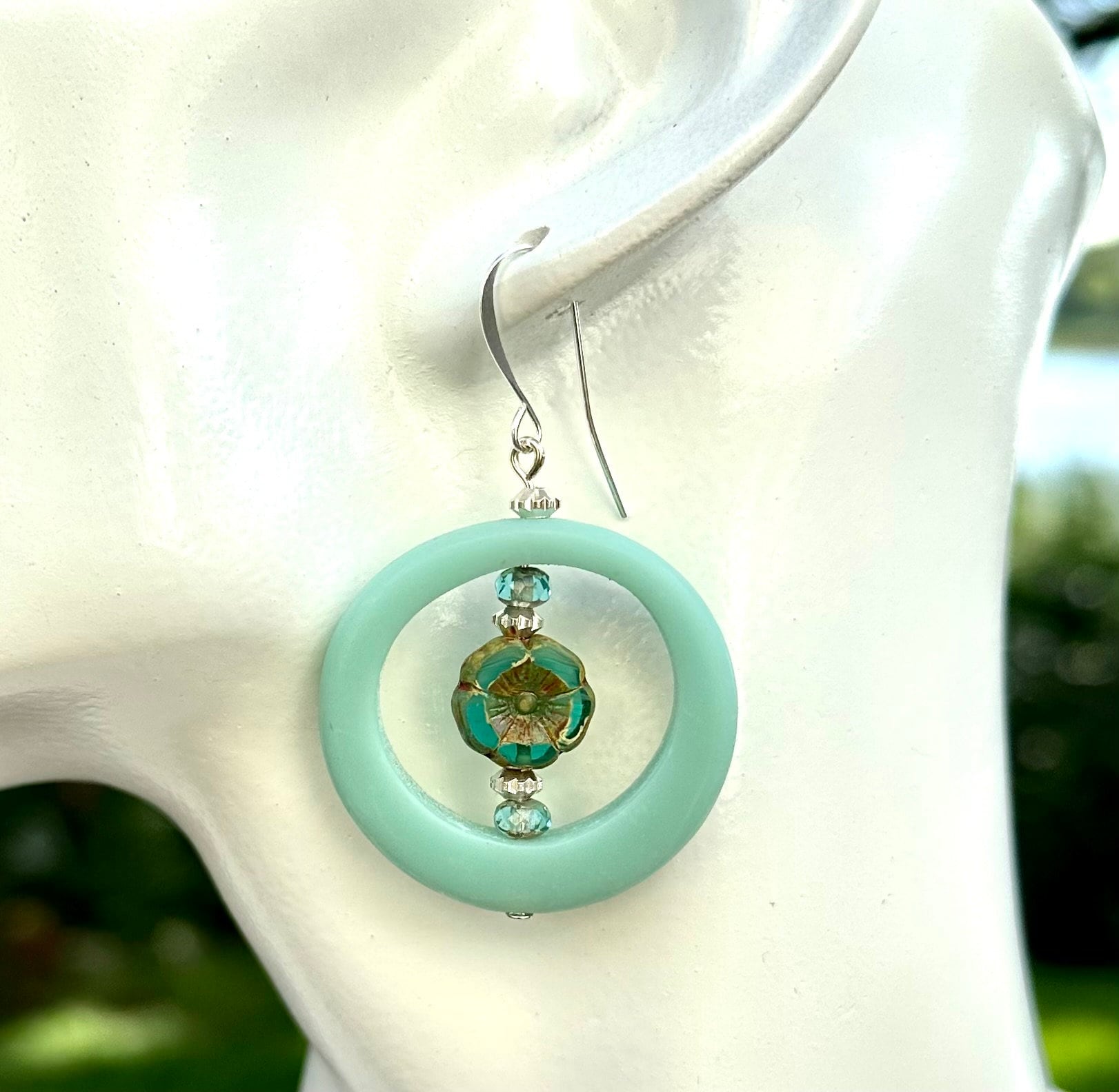 MossberryandStone Robins Egg Blue Funky Boho Dangle Earrings Czech Glass