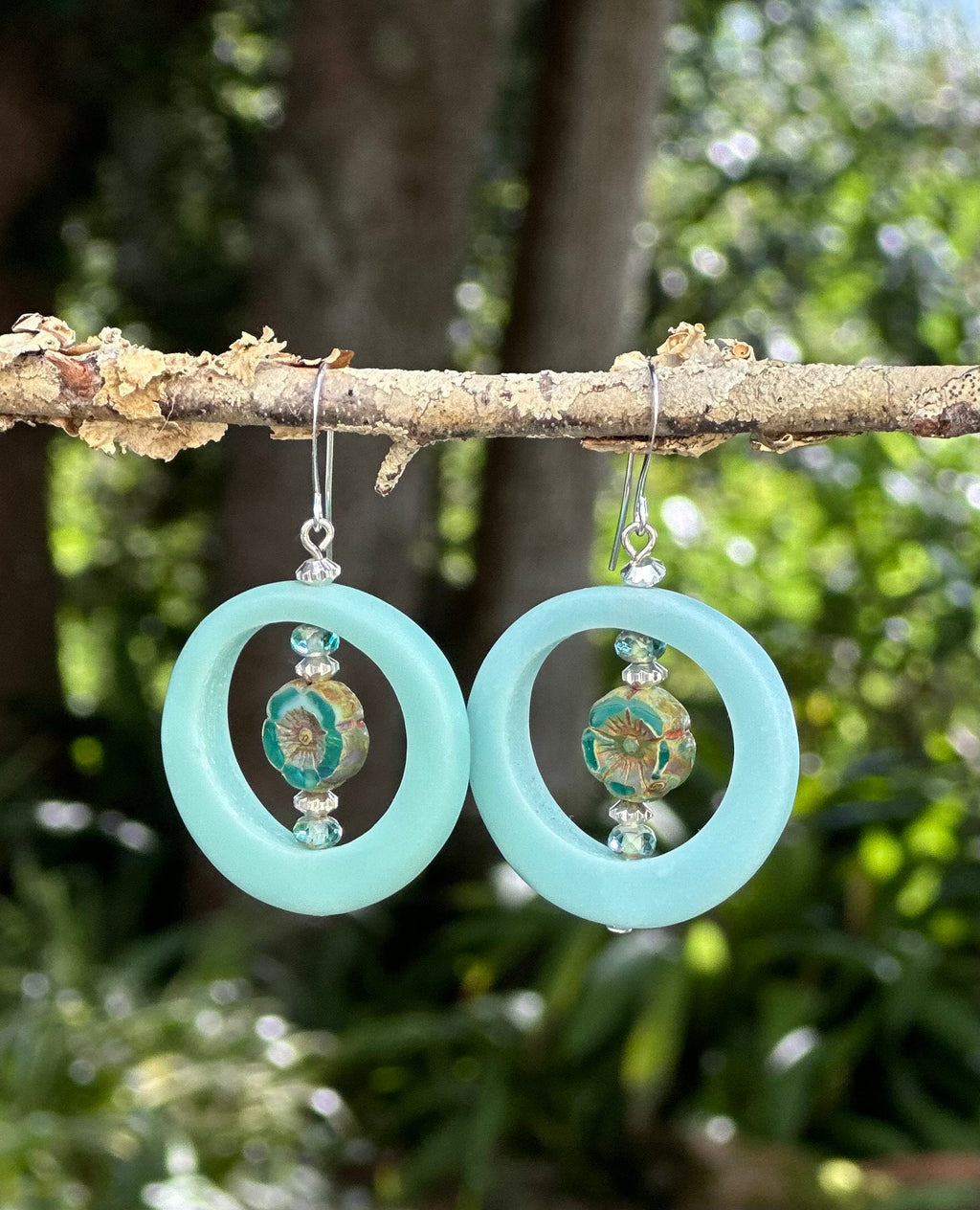 MossberryandStone Robins Egg Blue Funky Boho Dangle Earrings Czech Glass
