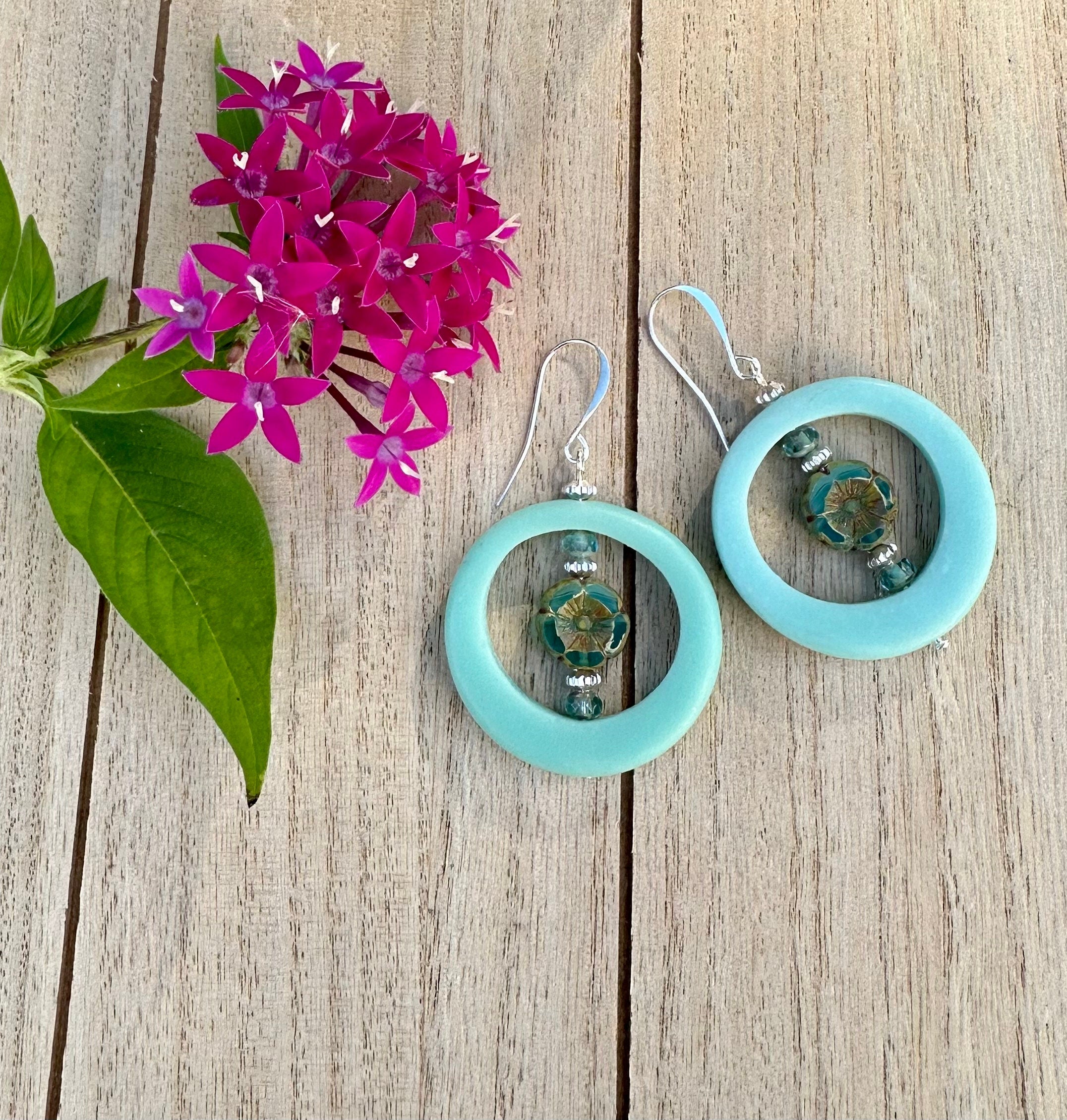 MossberryandStone Robins Egg Blue Funky Boho Dangle Earrings Czech Glass