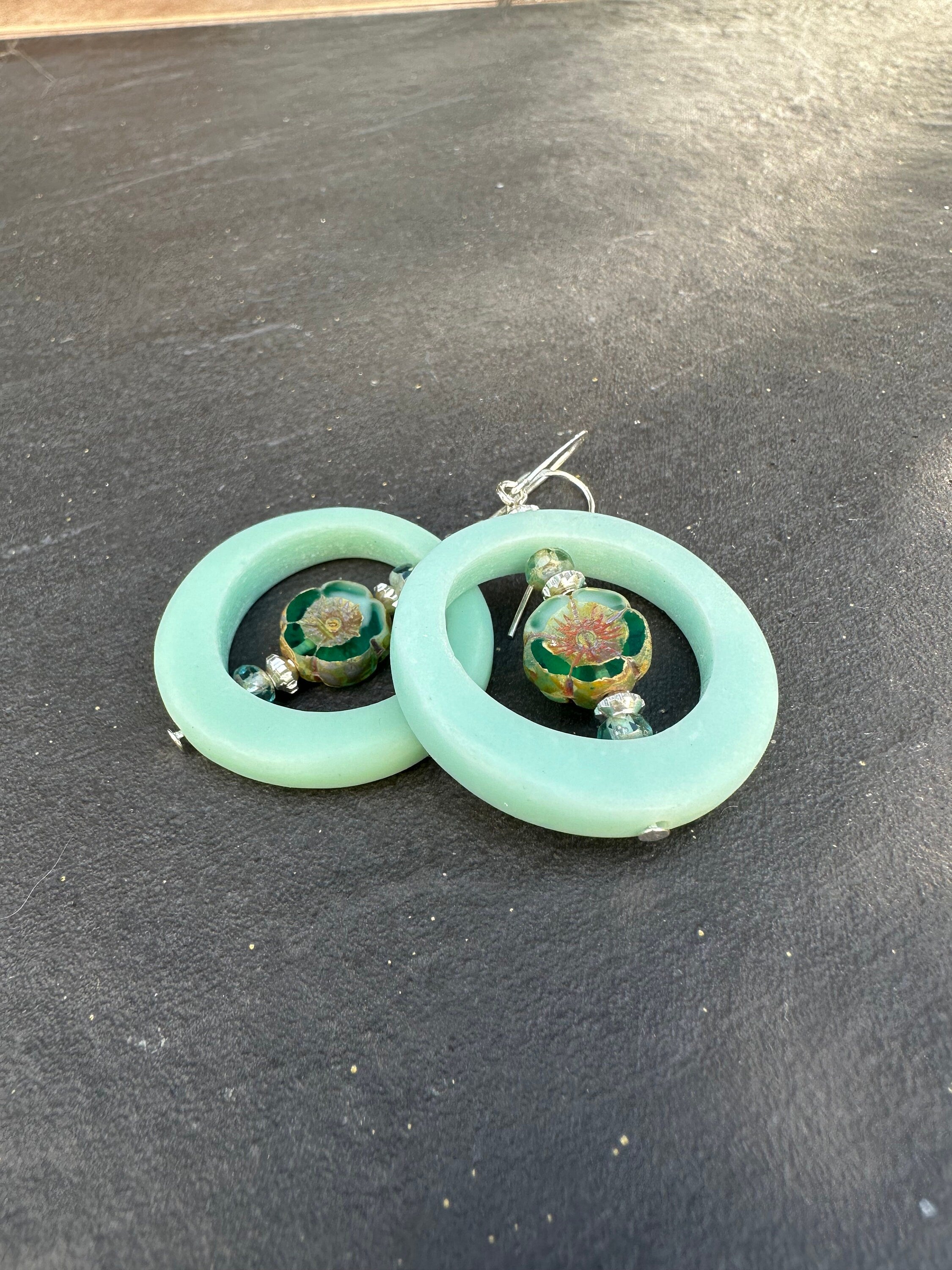 MossberryandStone Robins Egg Blue Funky Boho Dangle Earrings Czech Glass