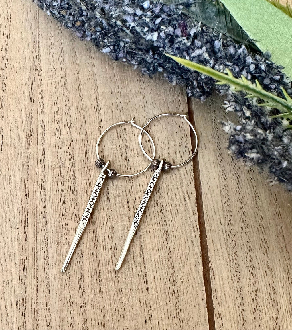 MossberryandStone Sterling Silver Unisex Hoop Dangle Earrings Spike Charm