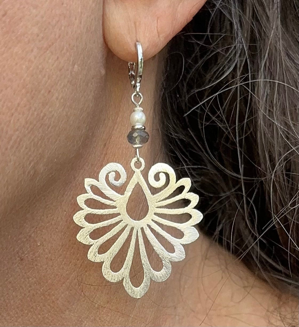 MossberryandStone Phoenix Wing Dangle Earrings Brushed Silver Labradorite