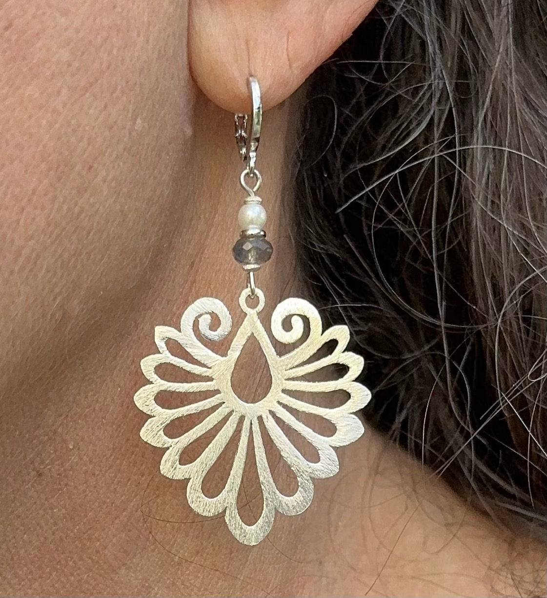 MossberryandStone Phoenix Wing Dangle Earrings Brushed Silver Labradorite