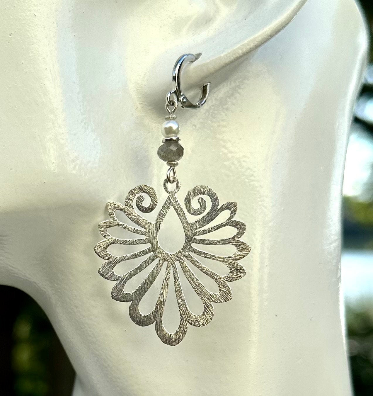 MossberryandStone Phoenix Wing Dangle Earrings Brushed Silver Labradorite
