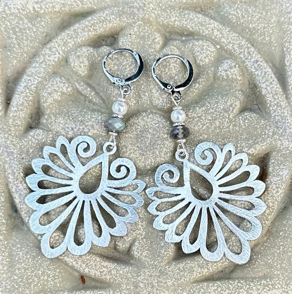 MossberryandStone Phoenix Wing Dangle Earrings Brushed Silver Labradorite