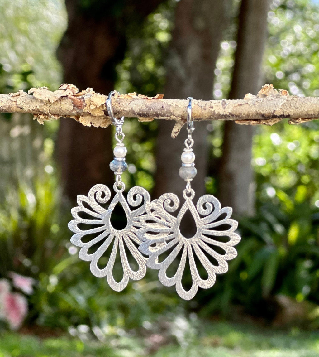 MossberryandStone Phoenix Wing Dangle Earrings Brushed Silver Labradorite