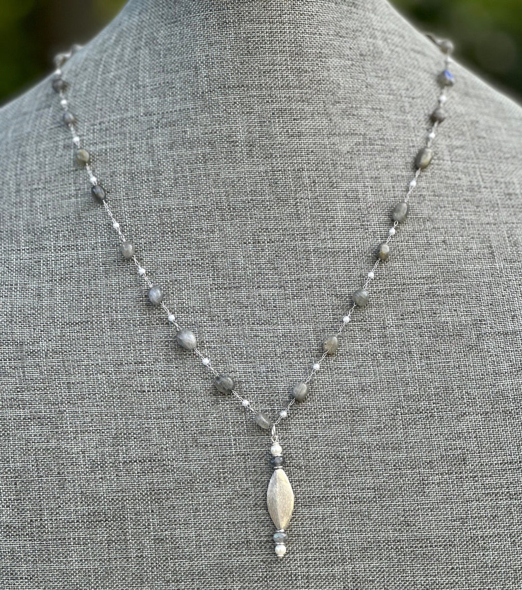 MossberryandStone Labradorite and White Glass Pearl Pendant Necklace 24in Silver