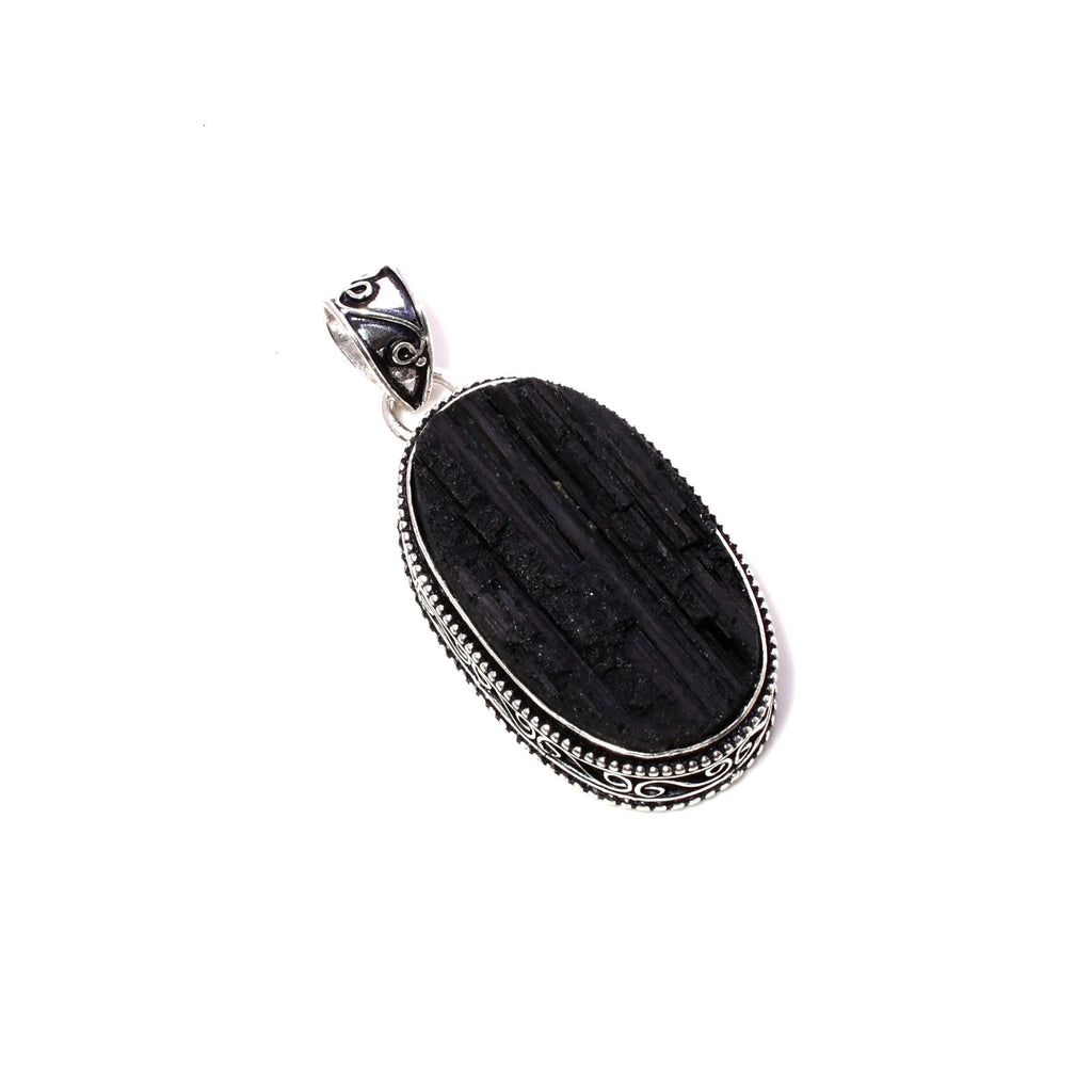 EkkJewels Natural Black Tourmaline 925 Sterling Silver Pendant Necklace