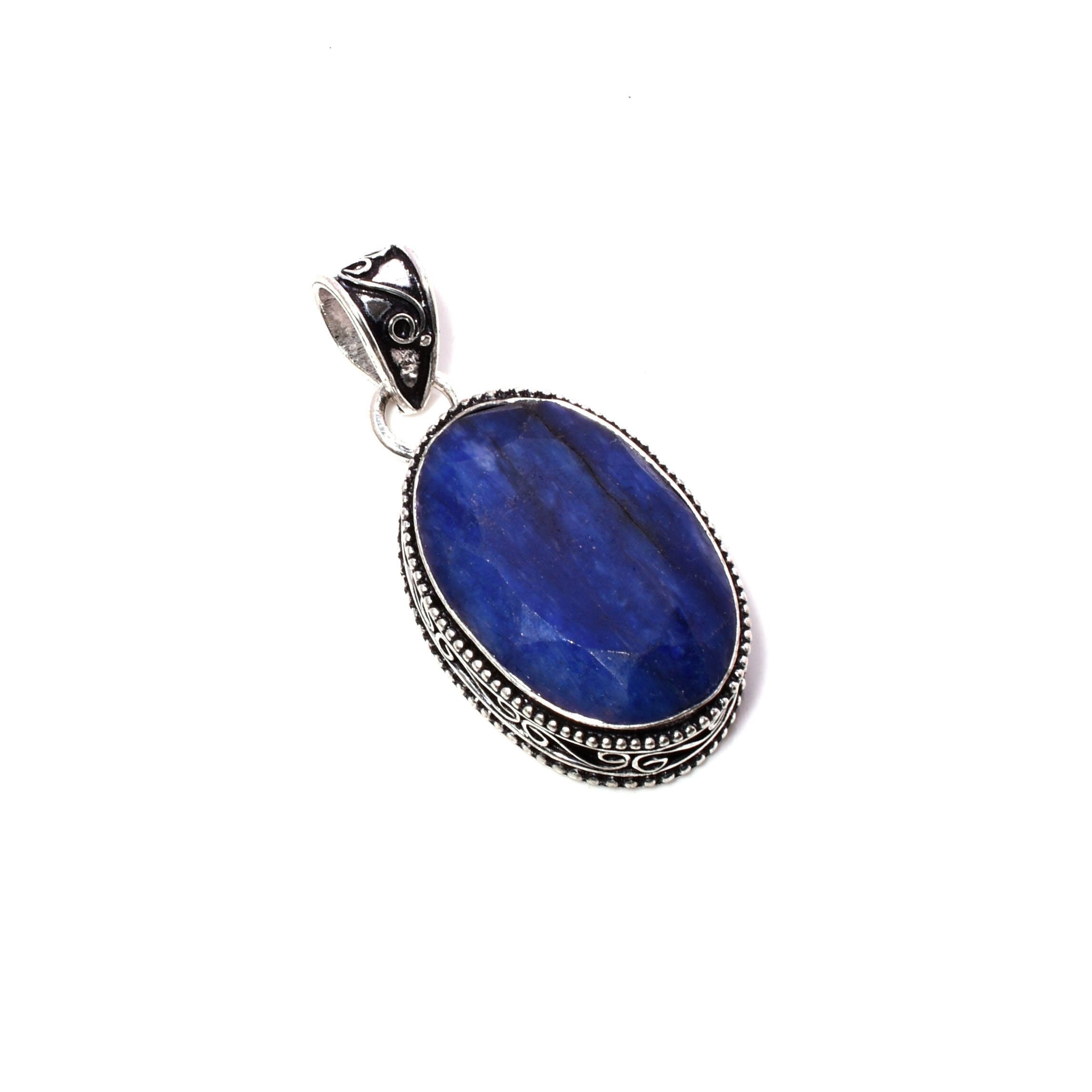 Blue Sapphire 925 Sterling Silver Pendant Necklace - Handmade