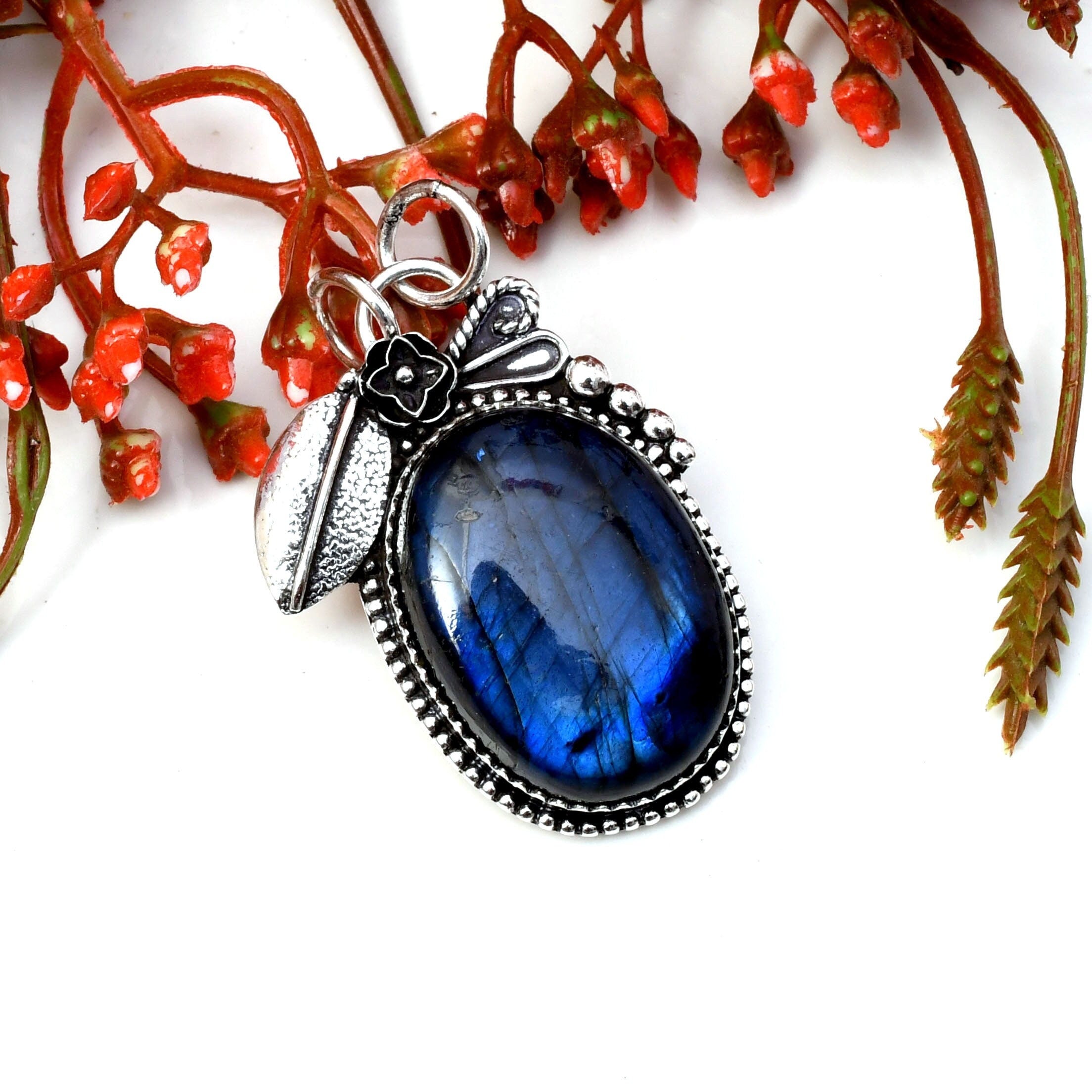 Blue Labradorite Pendant Necklace: Handmade 925 Sterling Silver