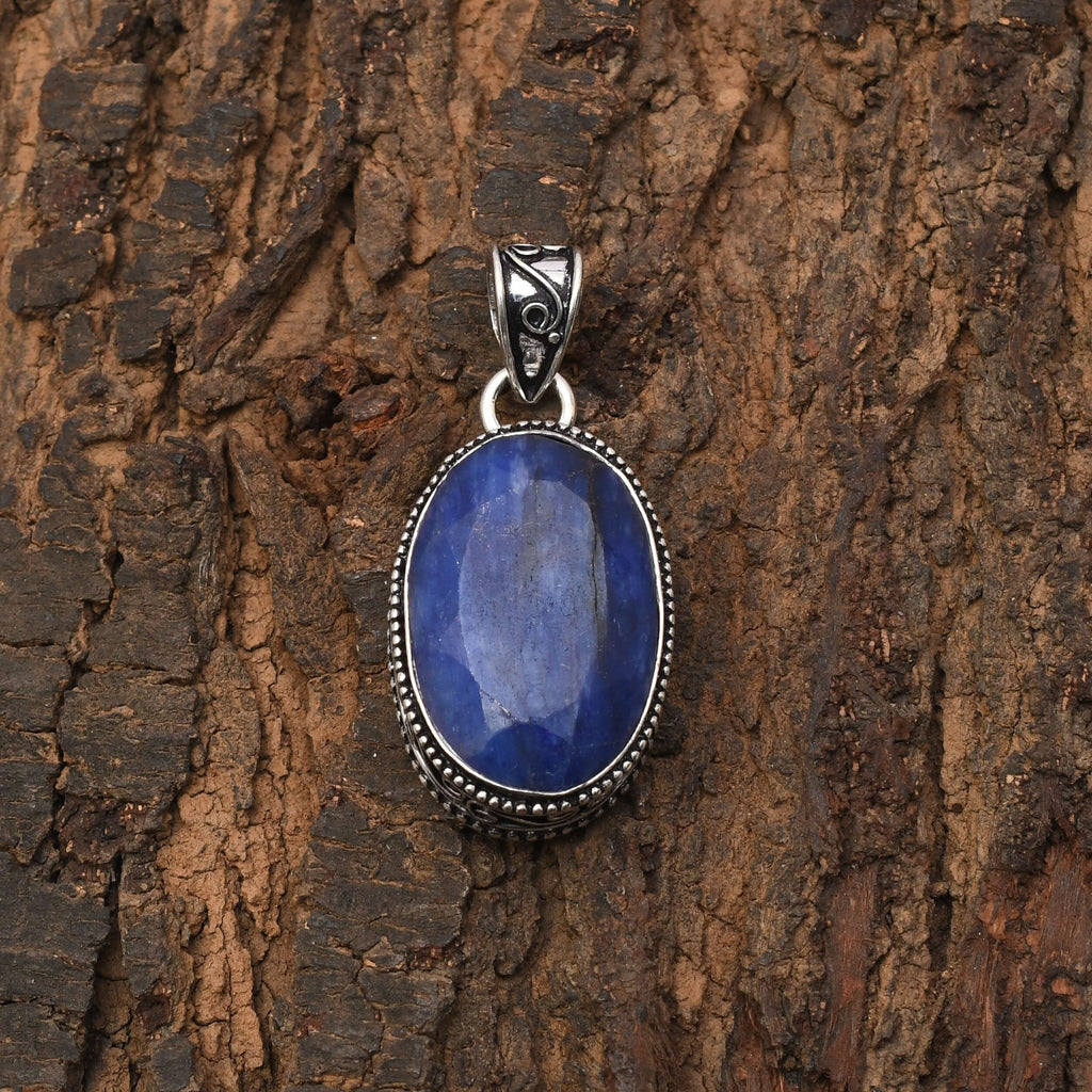 Blue Sapphire 925 Sterling Silver Pendant Necklace - Handmade