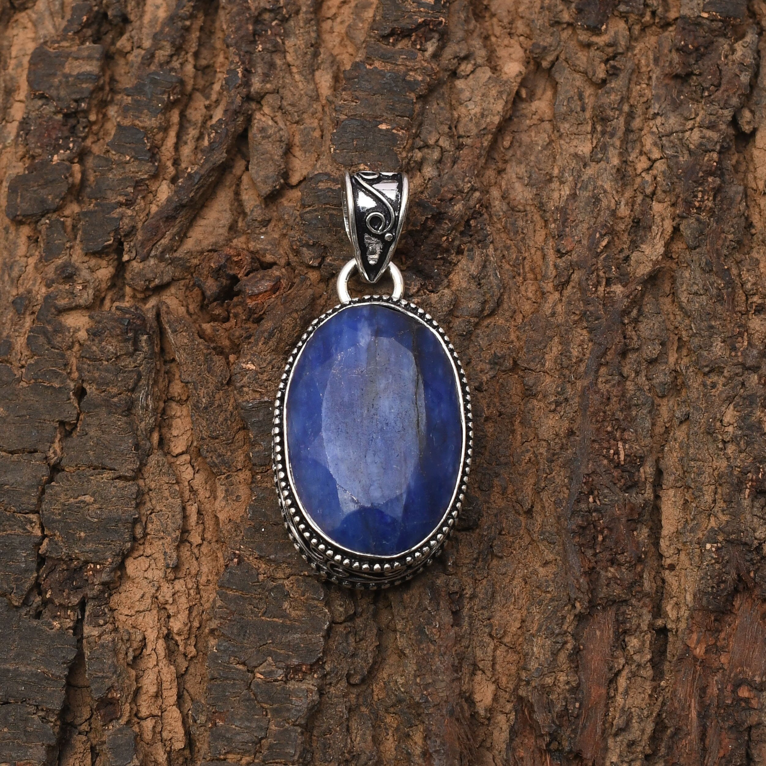 Blue Sapphire 925 Sterling Silver Pendant Necklace - Handmade
