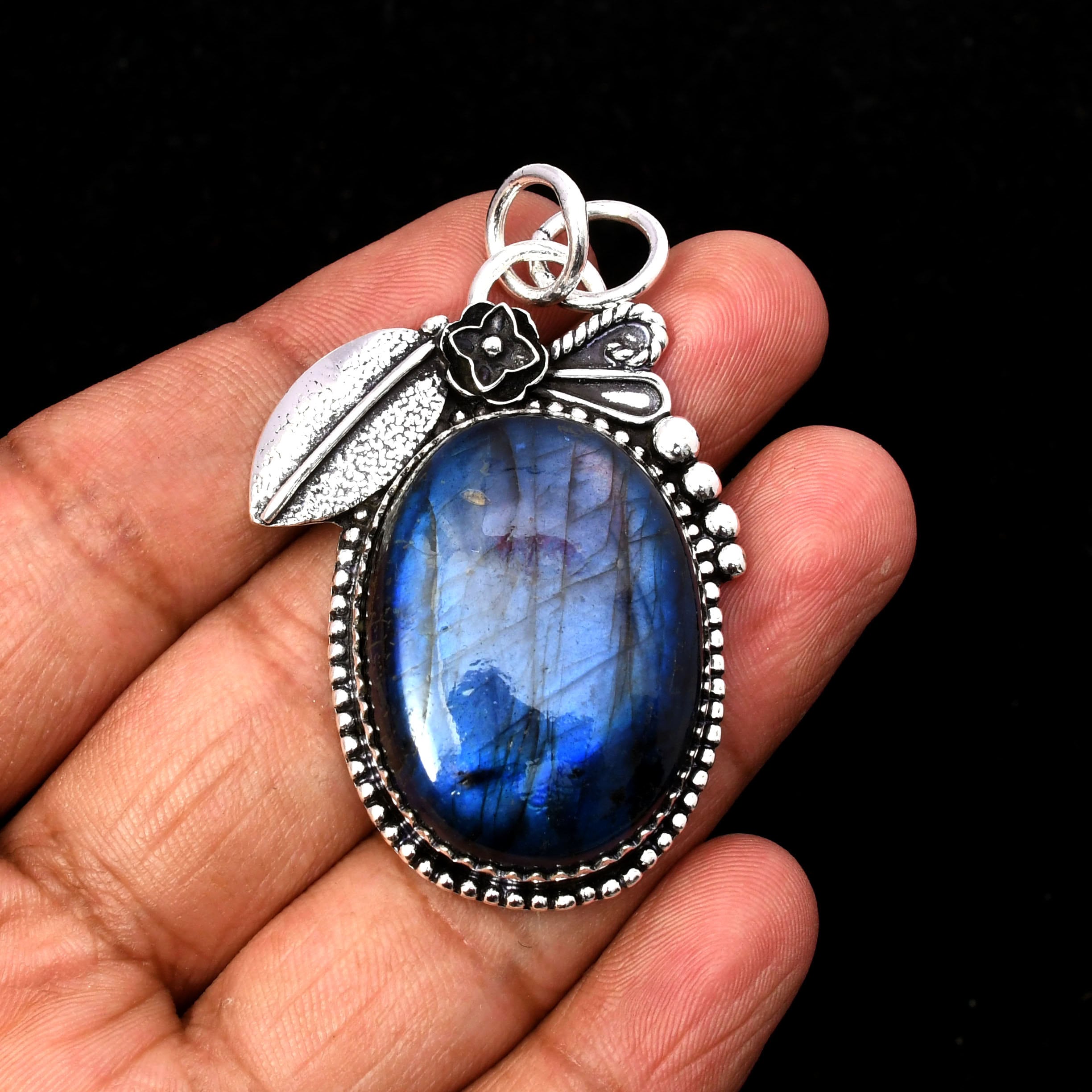 Blue Labradorite Pendant Necklace: Handmade 925 Sterling Silver