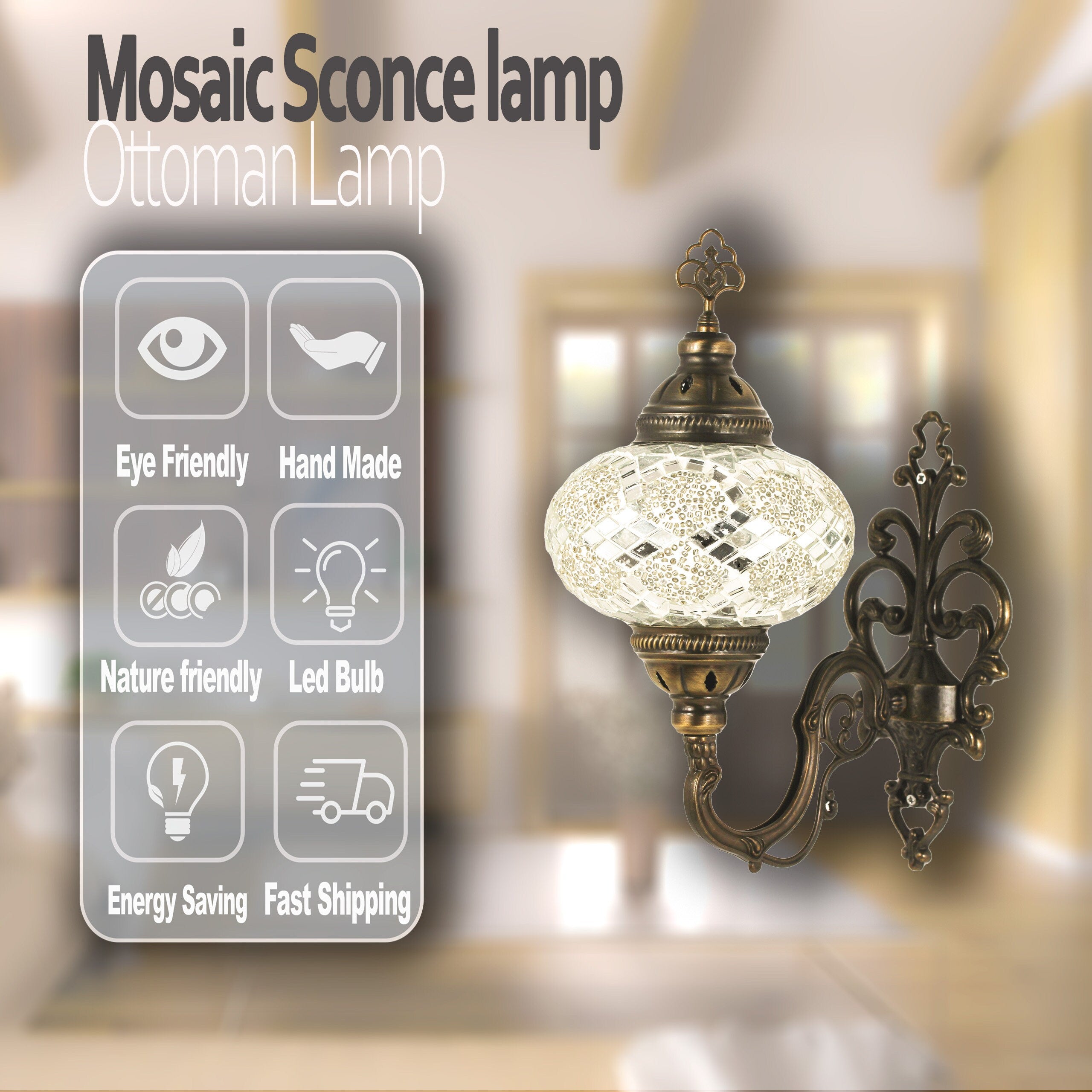 MoslandHome Handmade Turkish Mosaic Wall Sconce Bronze Base
