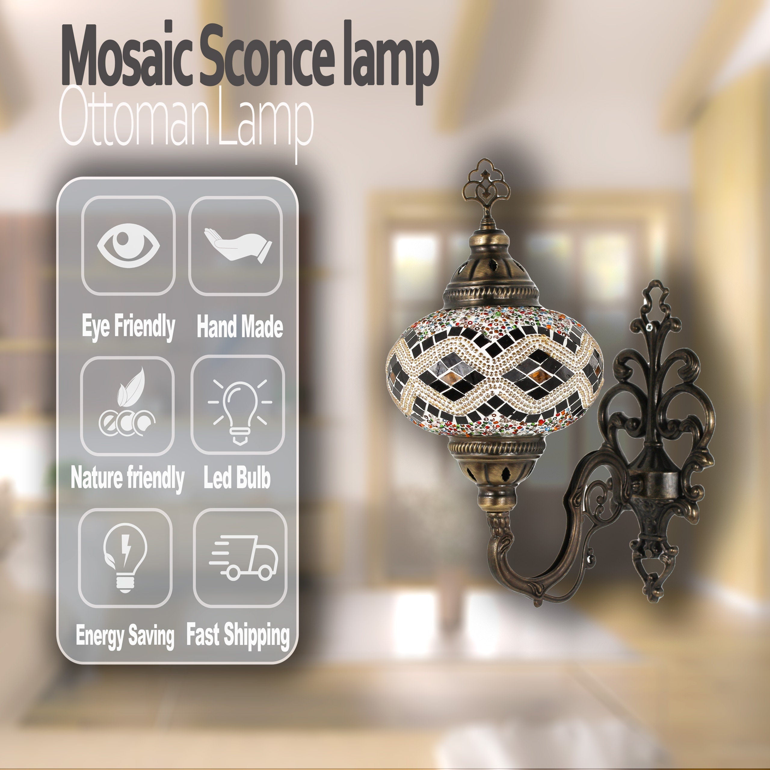 MoslandHome Handmade Turkish Mosaic Wall Sconce Lamp with Bronze Base
