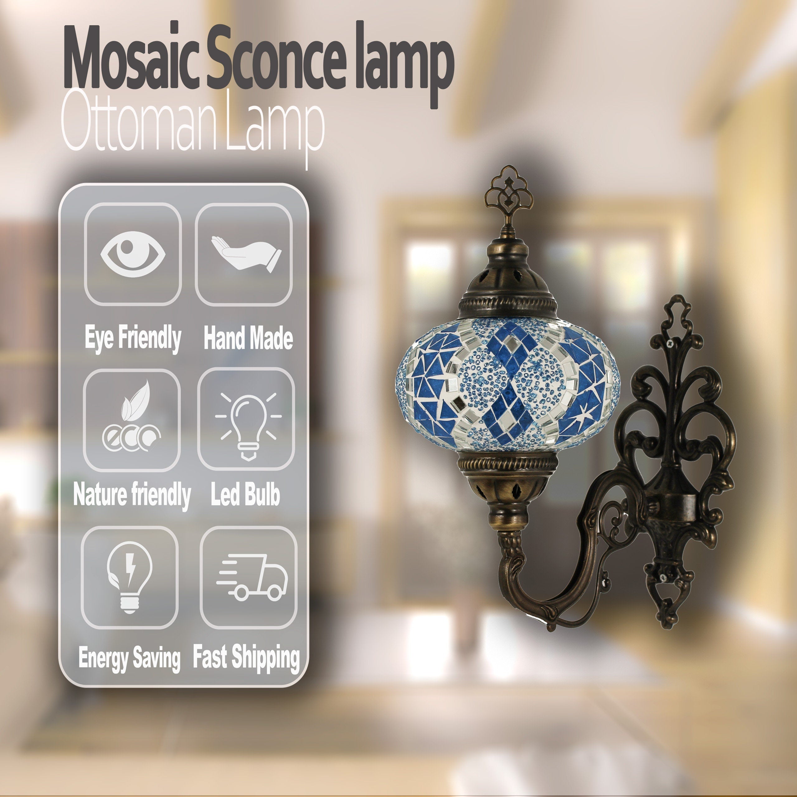 MoslandHome Turkish Moroccan Mosaic Wall Sconce Tiffany Style Mosaic Glass Shade 6.5in