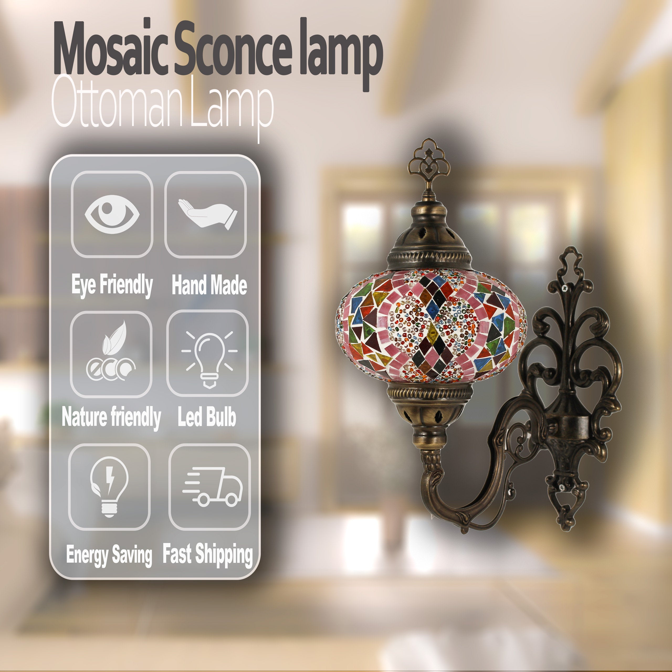 MoslandHome Handmade Turkish Mosaic Wall Sconce Lamp 11in Bronze
