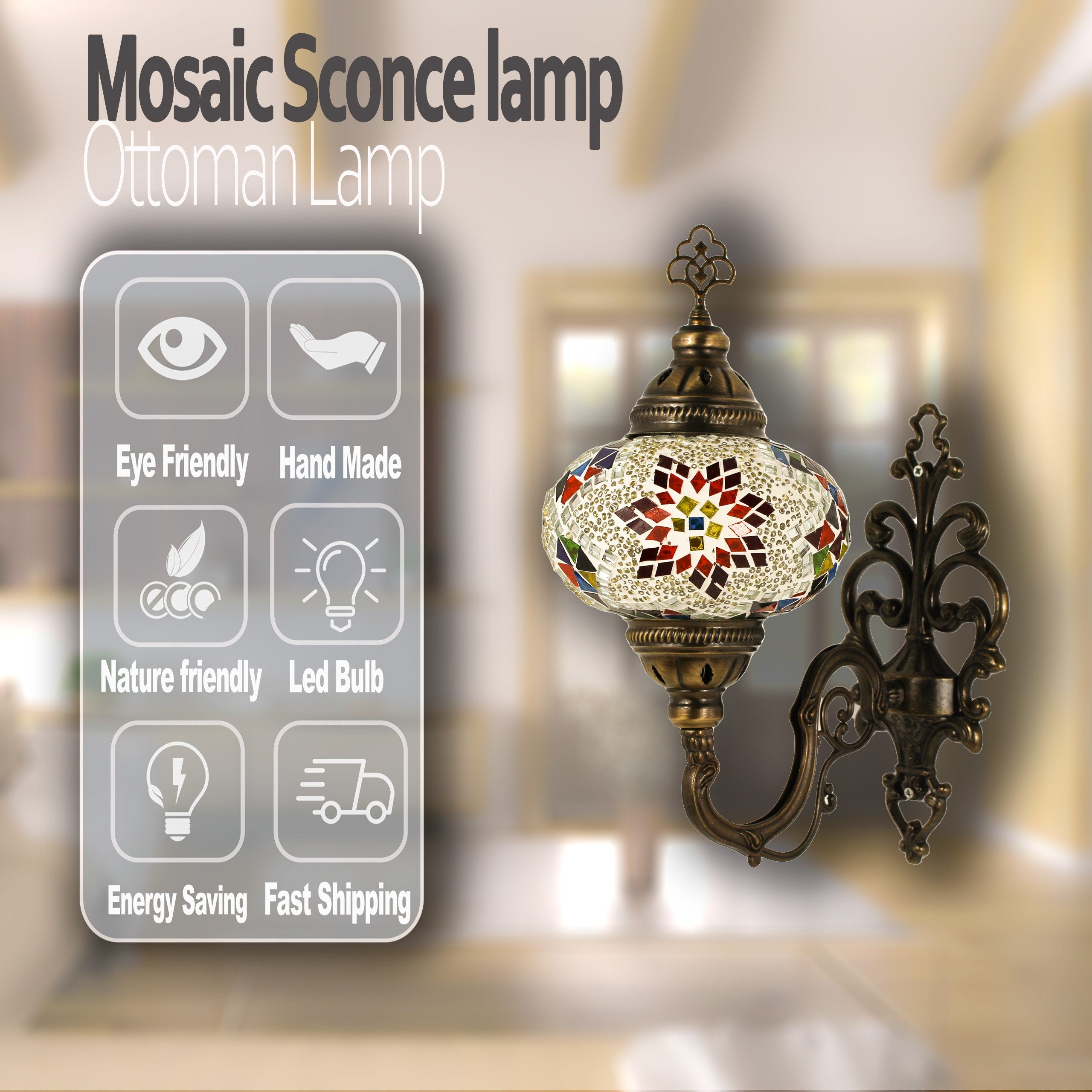 MoslandHome Turkish Moroccan Mosaic Wall Sconce Lamp, Tiffany Style, Mosaic Glass Shade