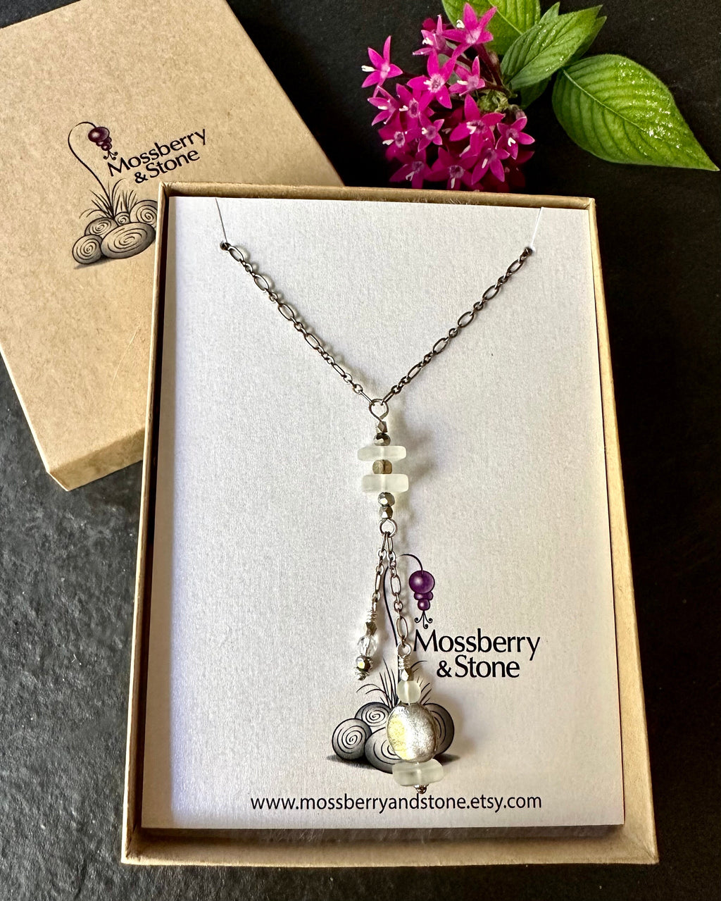 MossberryandStone Recycled Glass Y Necklace Swarovski Crystal 16in