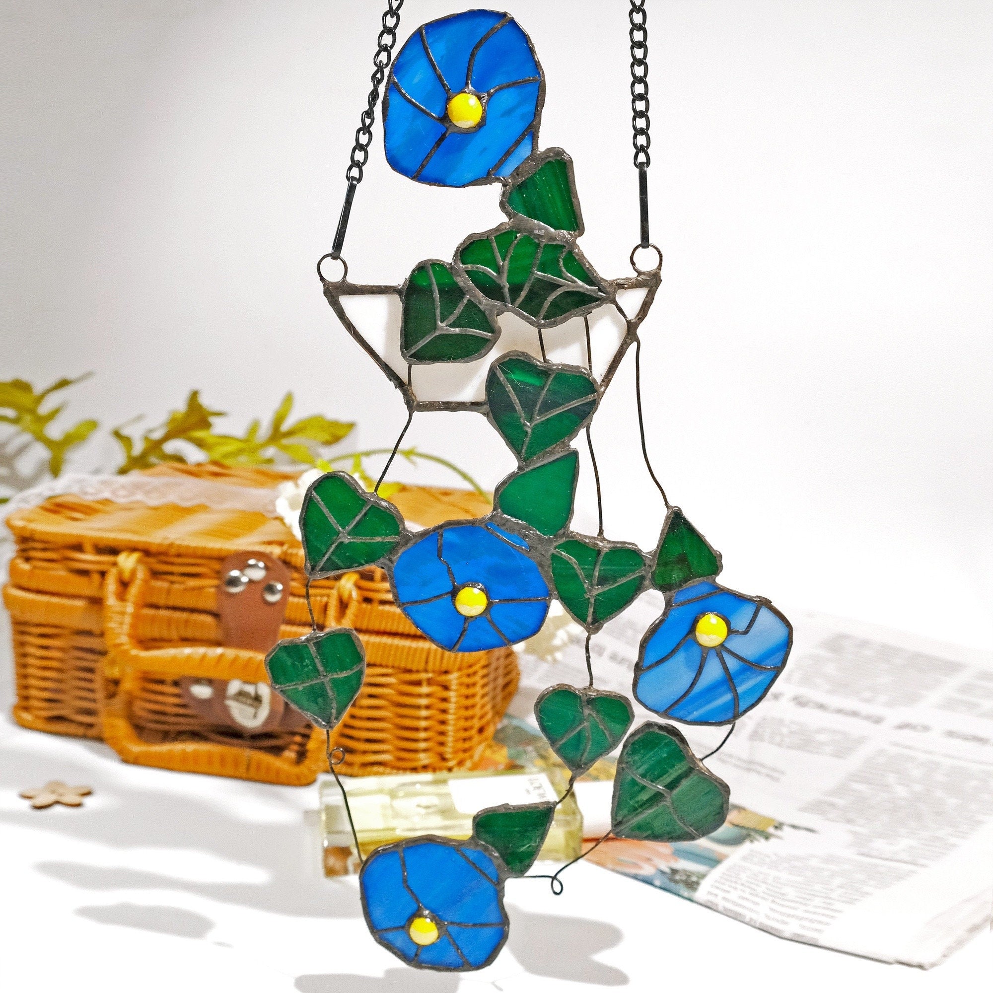 RainLine String of Hearts Morning Glory Stained Glass Window Hanging Suncatcher