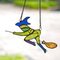 RainLine Witch Hat Frog on Broom Stained Glass Suncatcher 6.7x4in