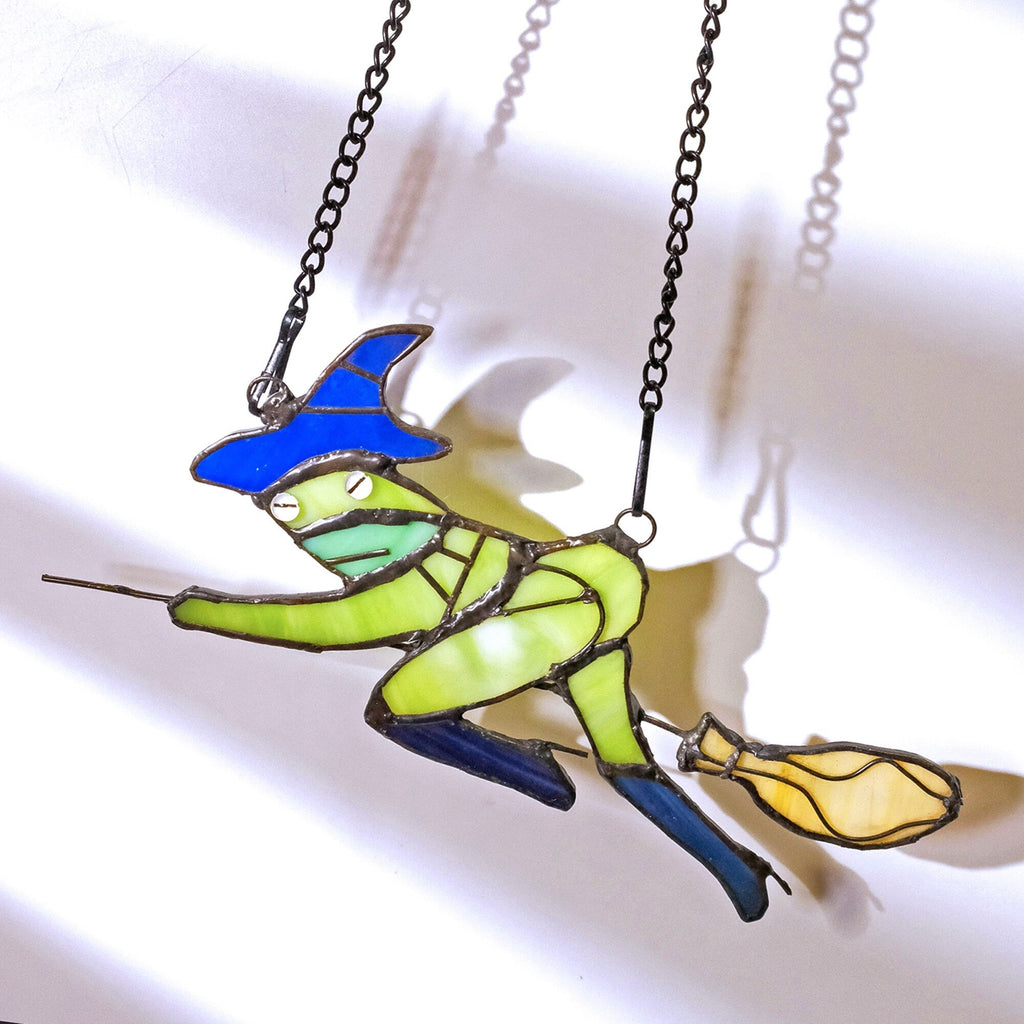 RainLine Witch Hat Frog on Broom Stained Glass Suncatcher 6.7x4in